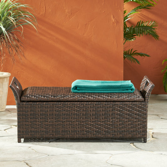 TREATLIFE HOME Outdoor Storage Bench with Hinged Lid, Weather Resistant PE Rattan, Modern Design, Brown Multi