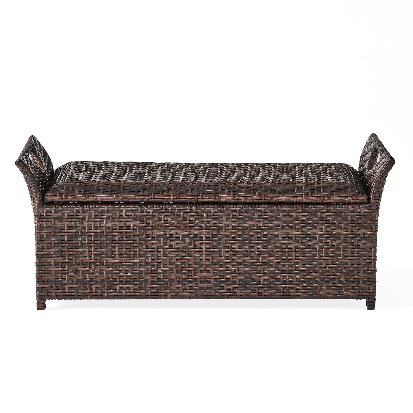 Brown wicker storage bench with curved armrests and woven lid