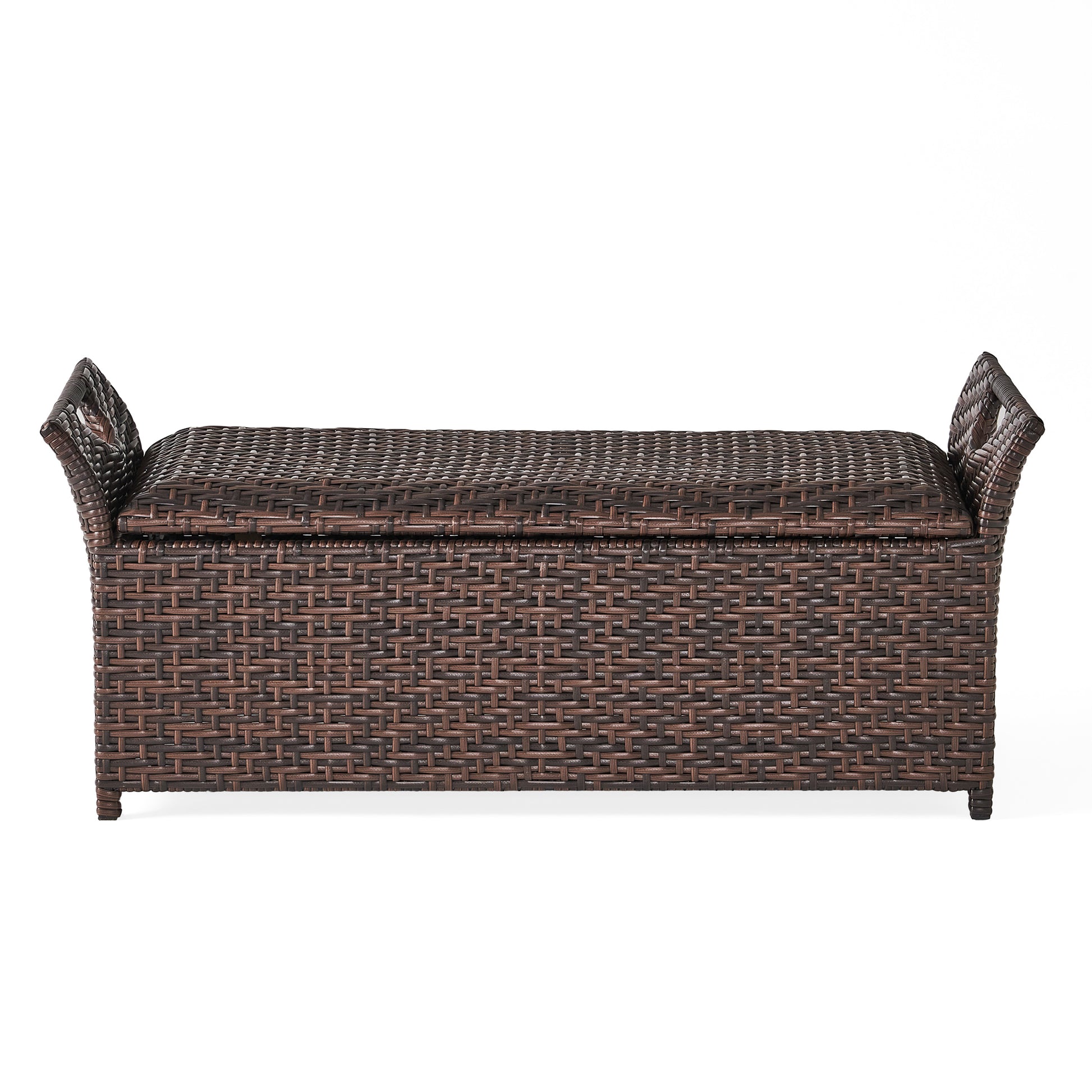 Brown wicker storage bench with curved armrests and woven lid