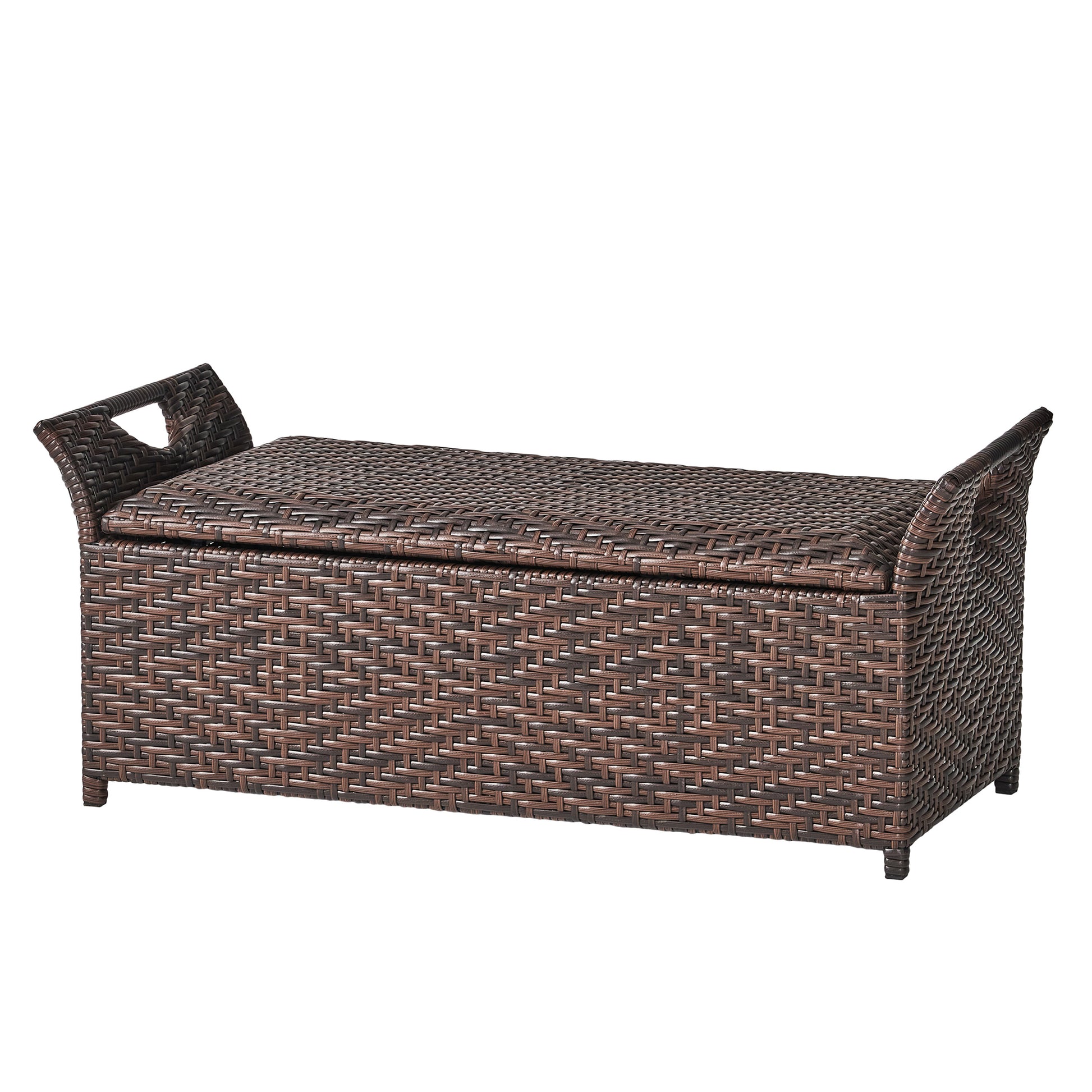 Brown wicker storage bench with integrated handles