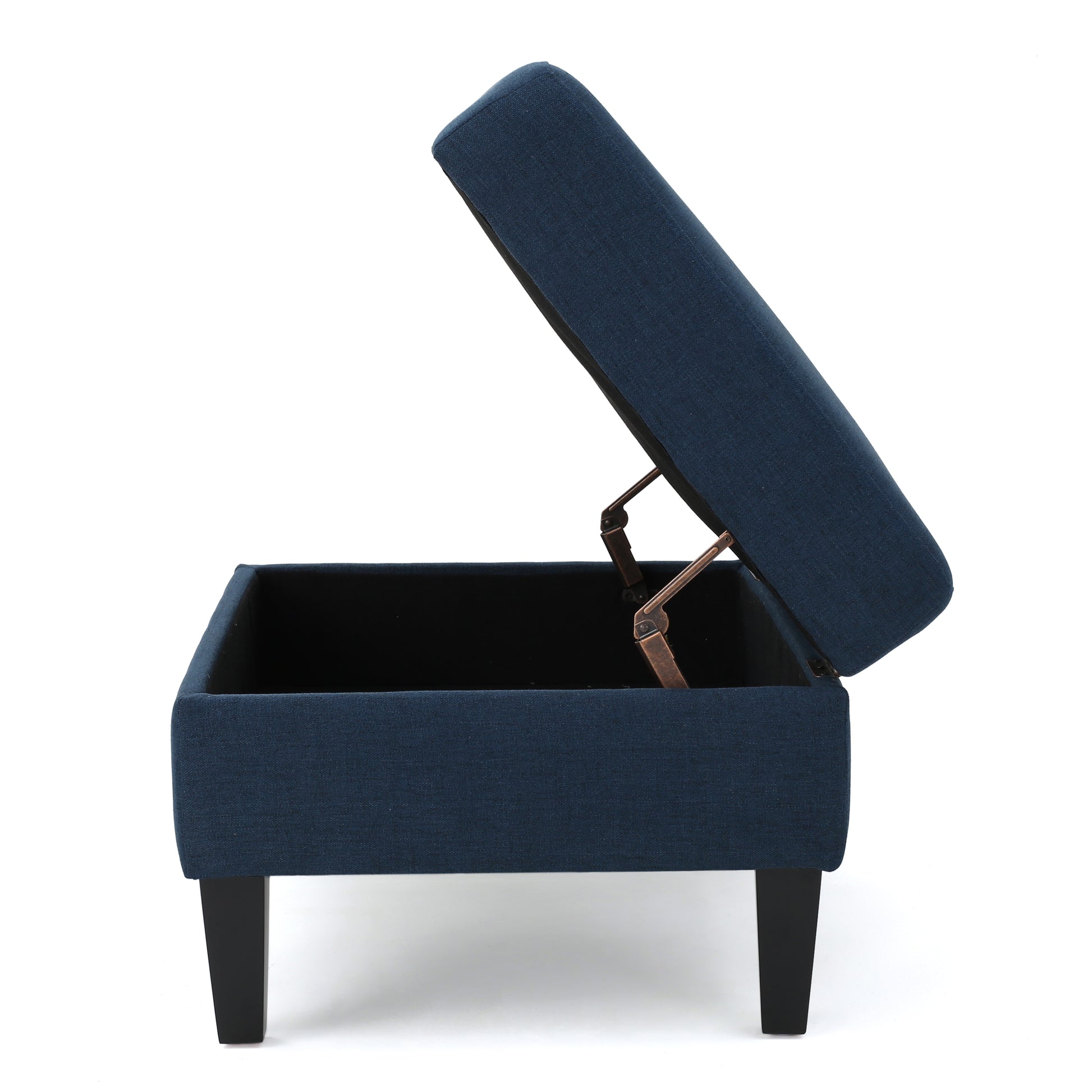 Navy fabric storage ottoman with open lid and dark legs