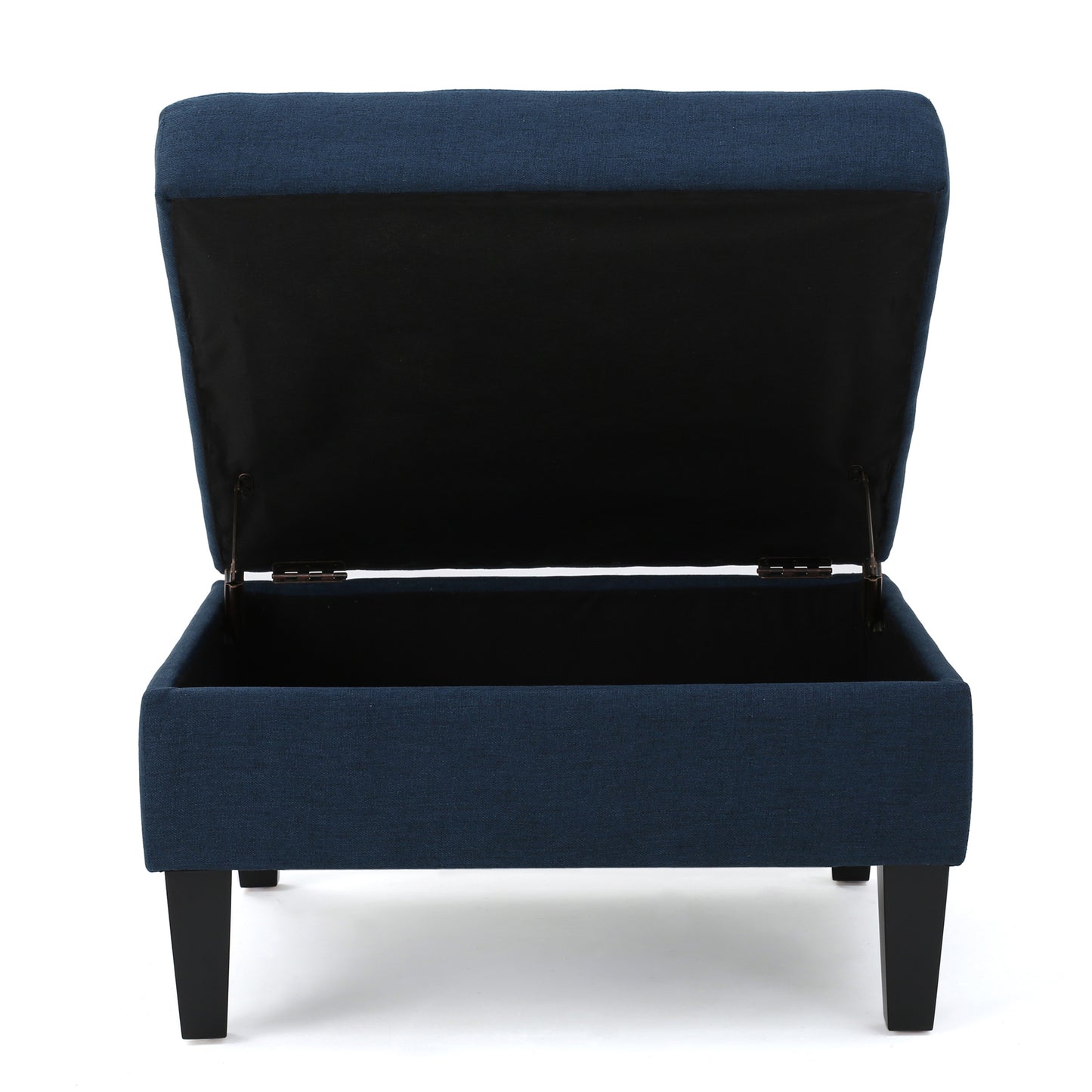 Deep navy blue storage ottoman with black tapered legs