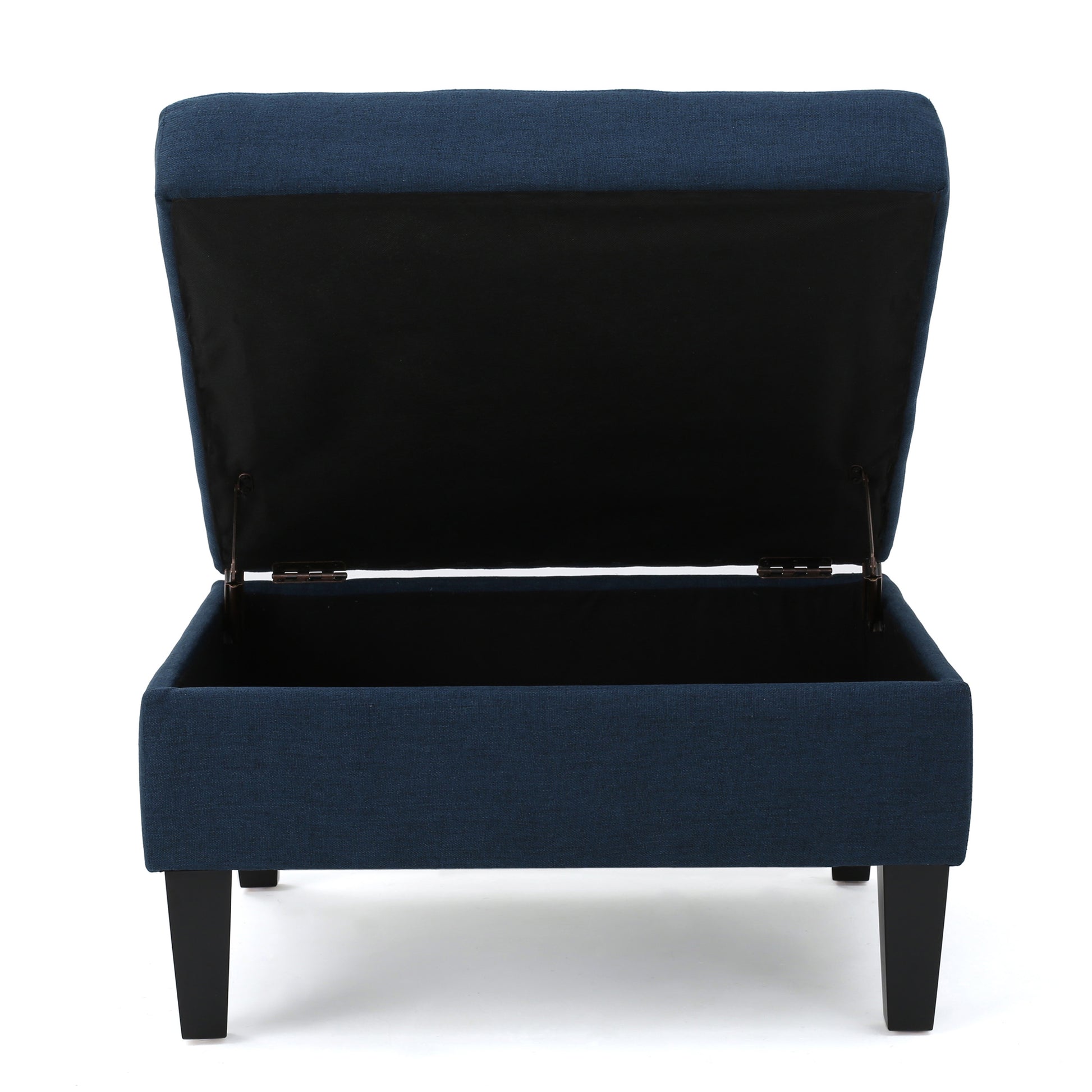 Deep navy blue storage ottoman with black tapered legs