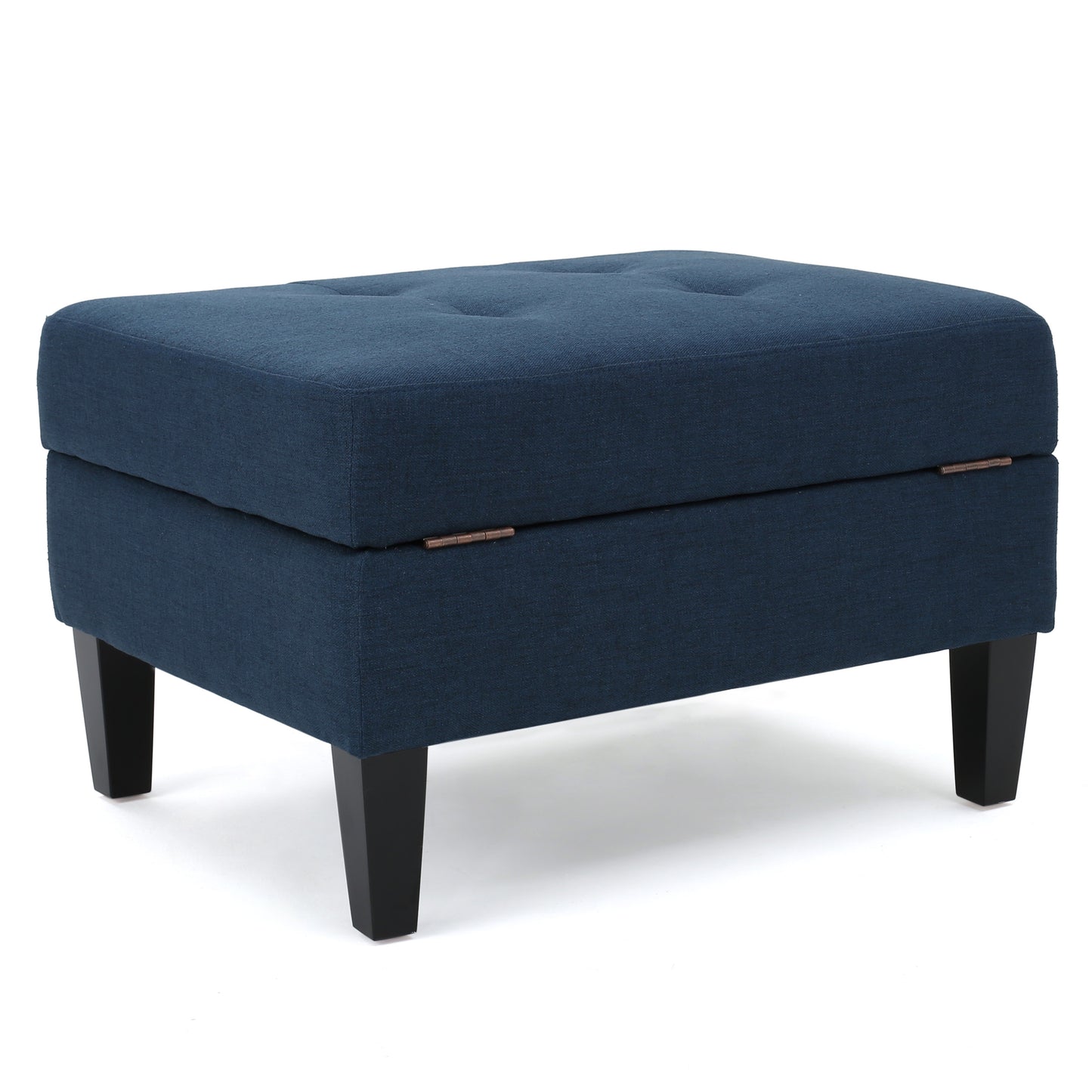 Navy blue fabric storage ottoman with tufted top and tapered black legs