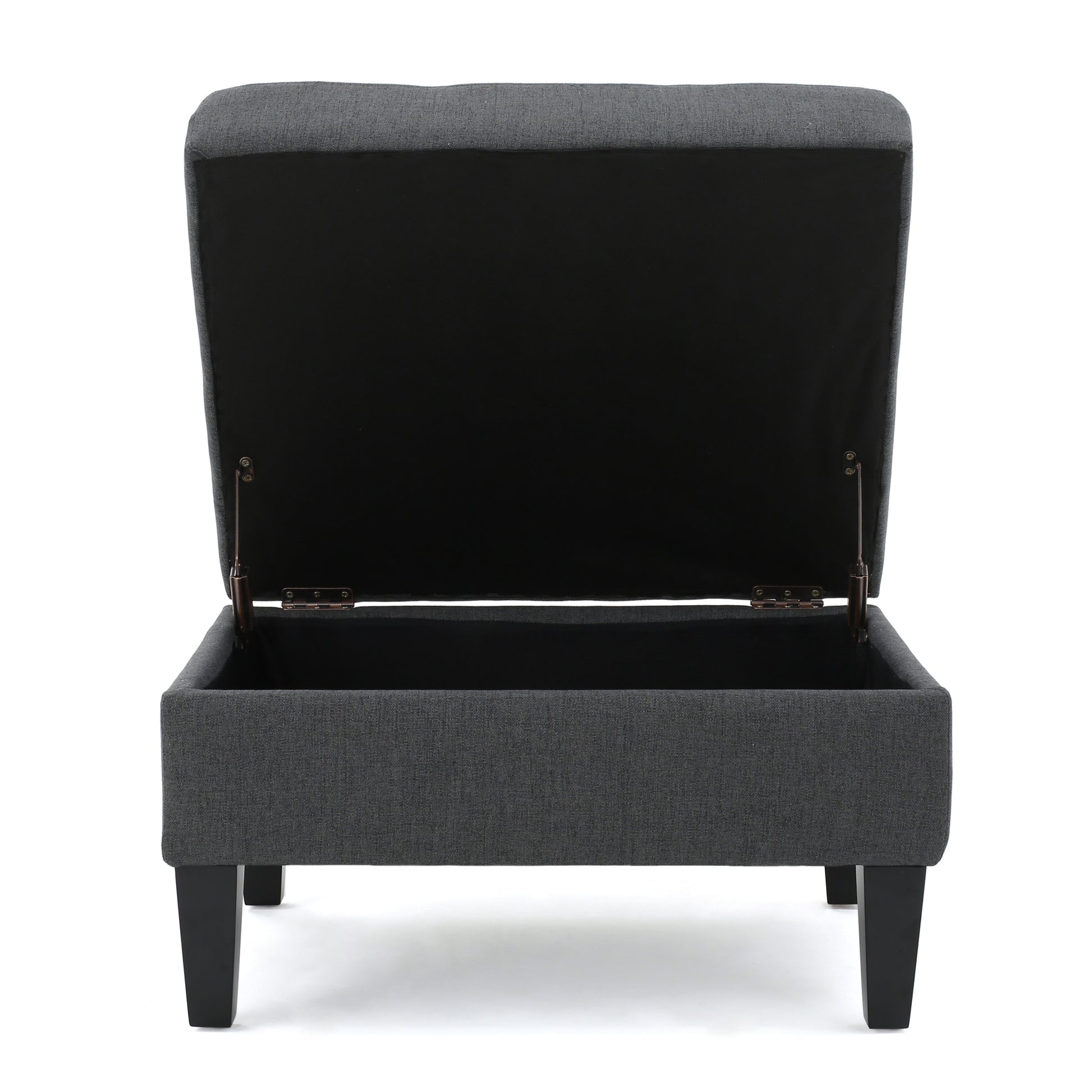 Dark grey fabric storage ottoman with hinged lid open to reveal storage space