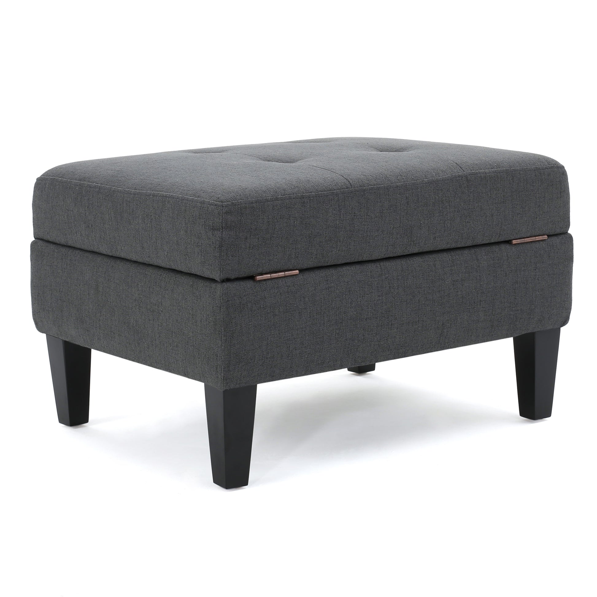 Dark gray tufted storage ottoman with black legs and subtle hinge detail for contemporary living rooms