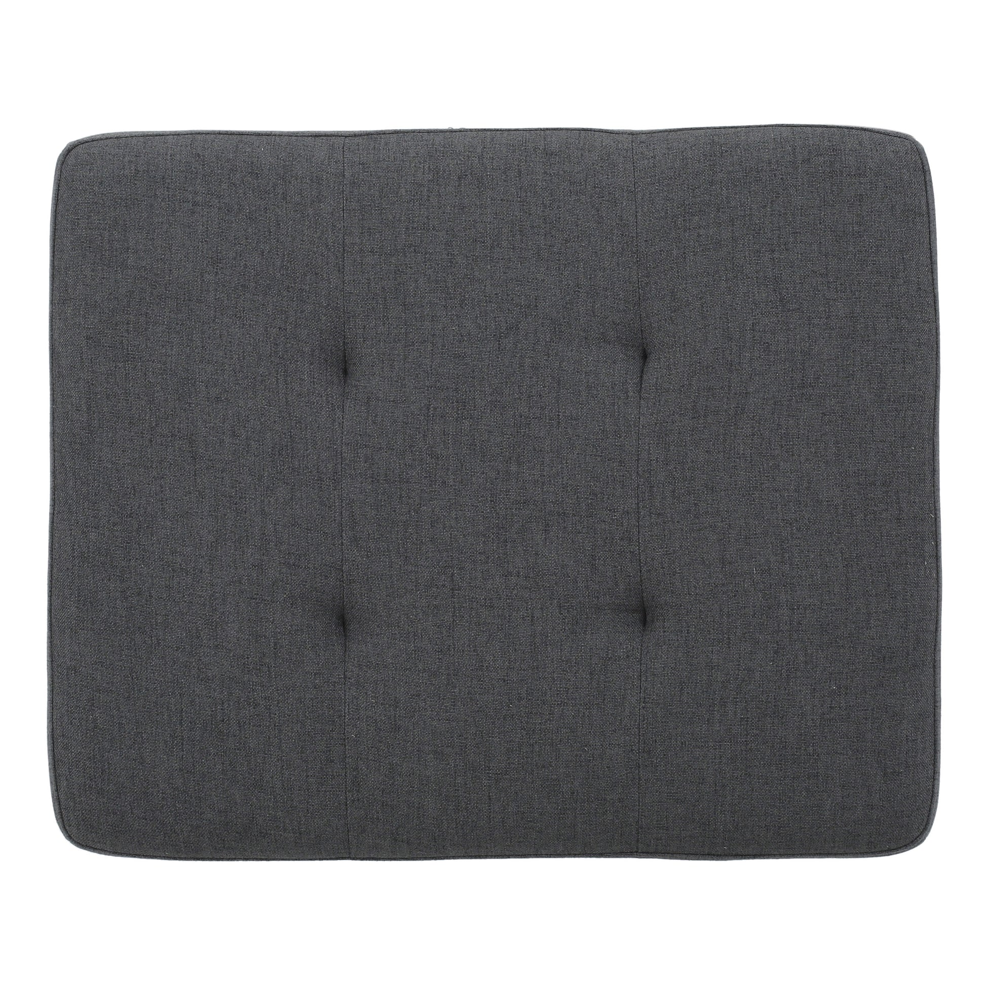Dark grey tufted fabric headboard with clean lines and subtle button accents