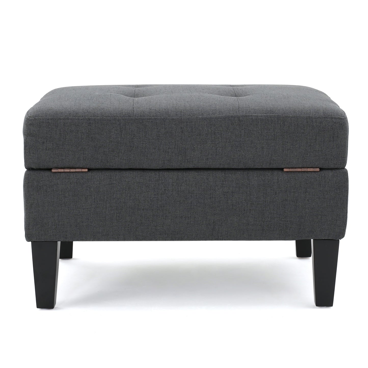 Dark grey fabric storage ottoman with tufted top and dark wood legs