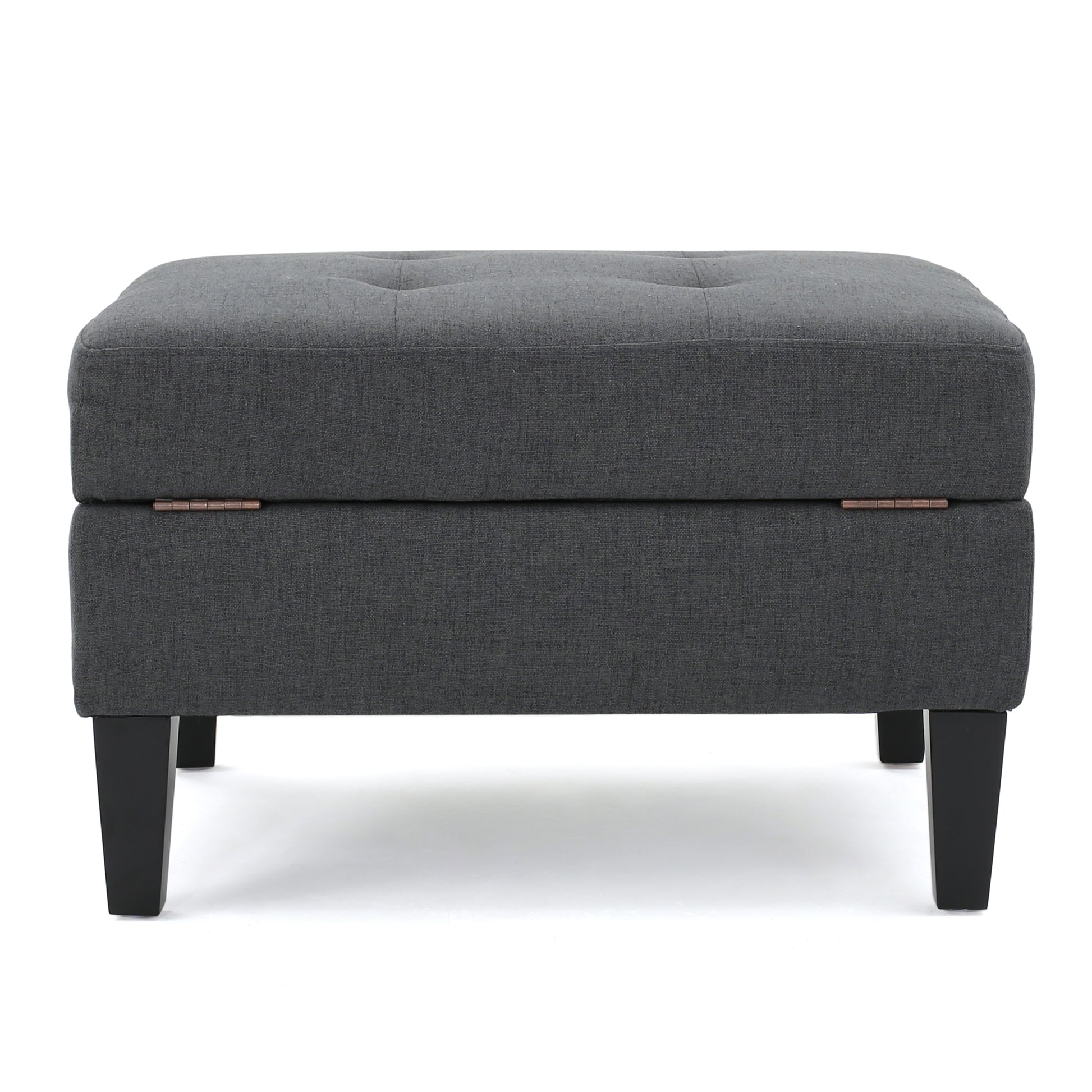 Dark grey fabric storage ottoman with tufted top and dark wood legs