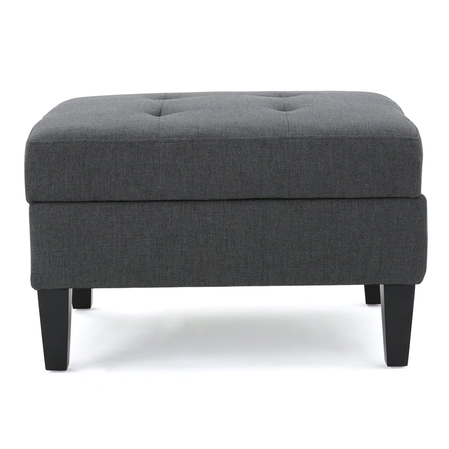 Tufted dark gray fabric ottoman with dark wooden legs