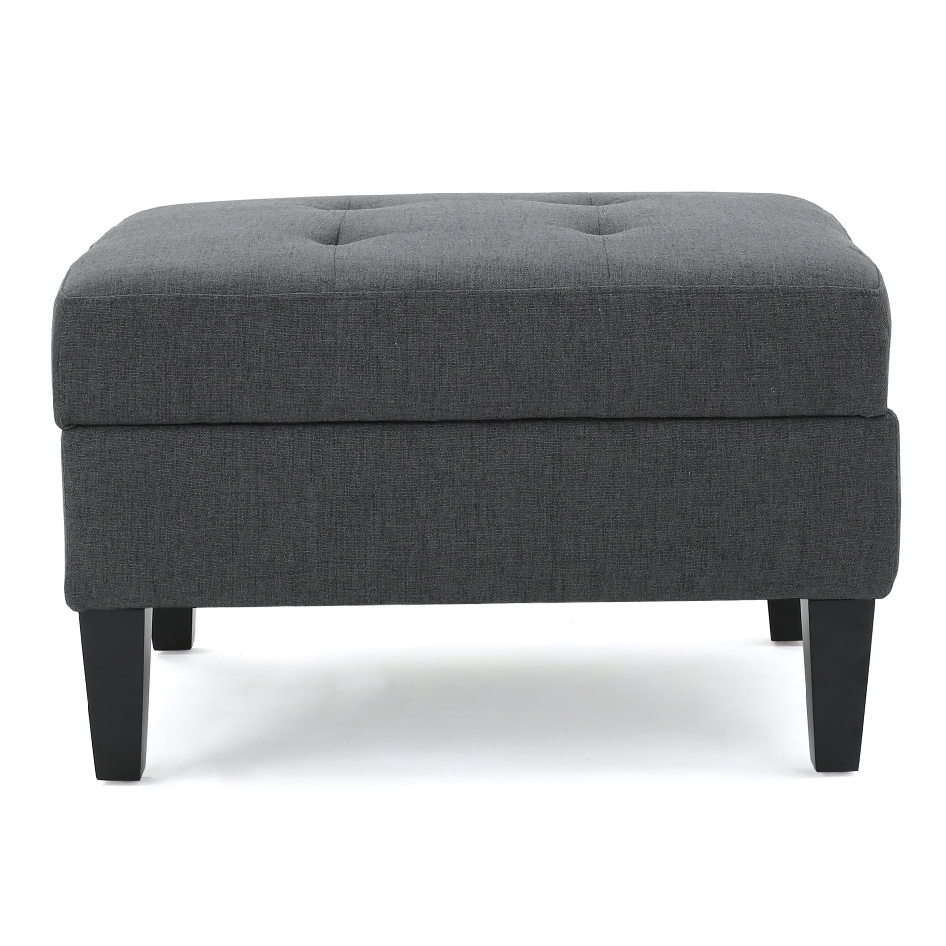 Tufted dark gray fabric ottoman with dark wooden legs