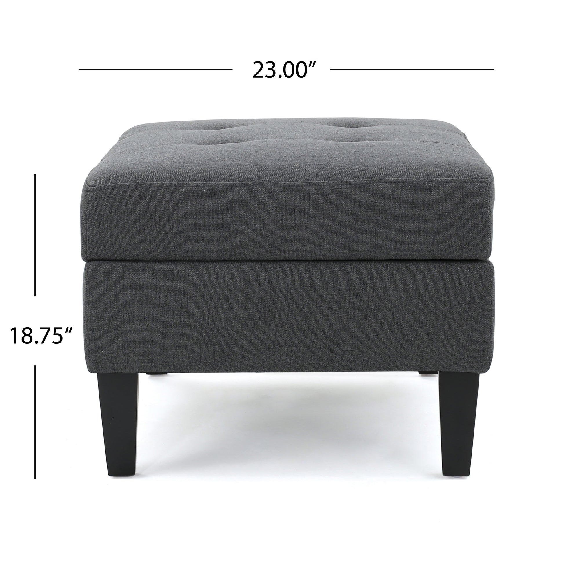 Tufted dark grey fabric ottoman with tapered black legs