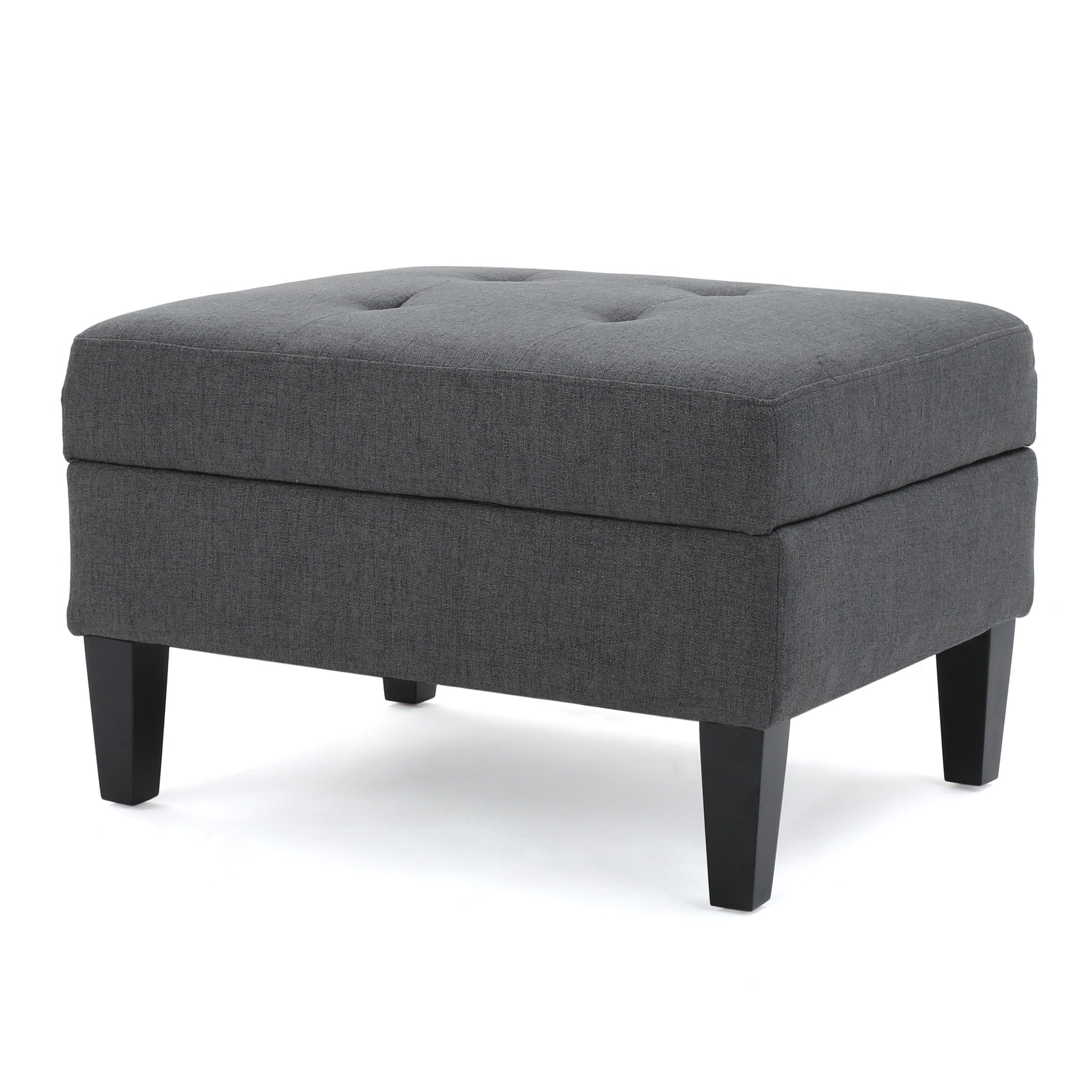 Tufted charcoal fabric storage ottoman with dark wooden legs