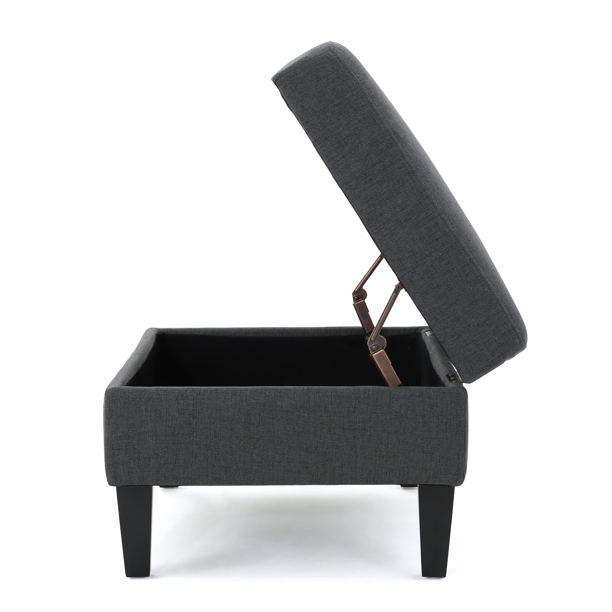Dark grey fabric storage ottoman with lid open