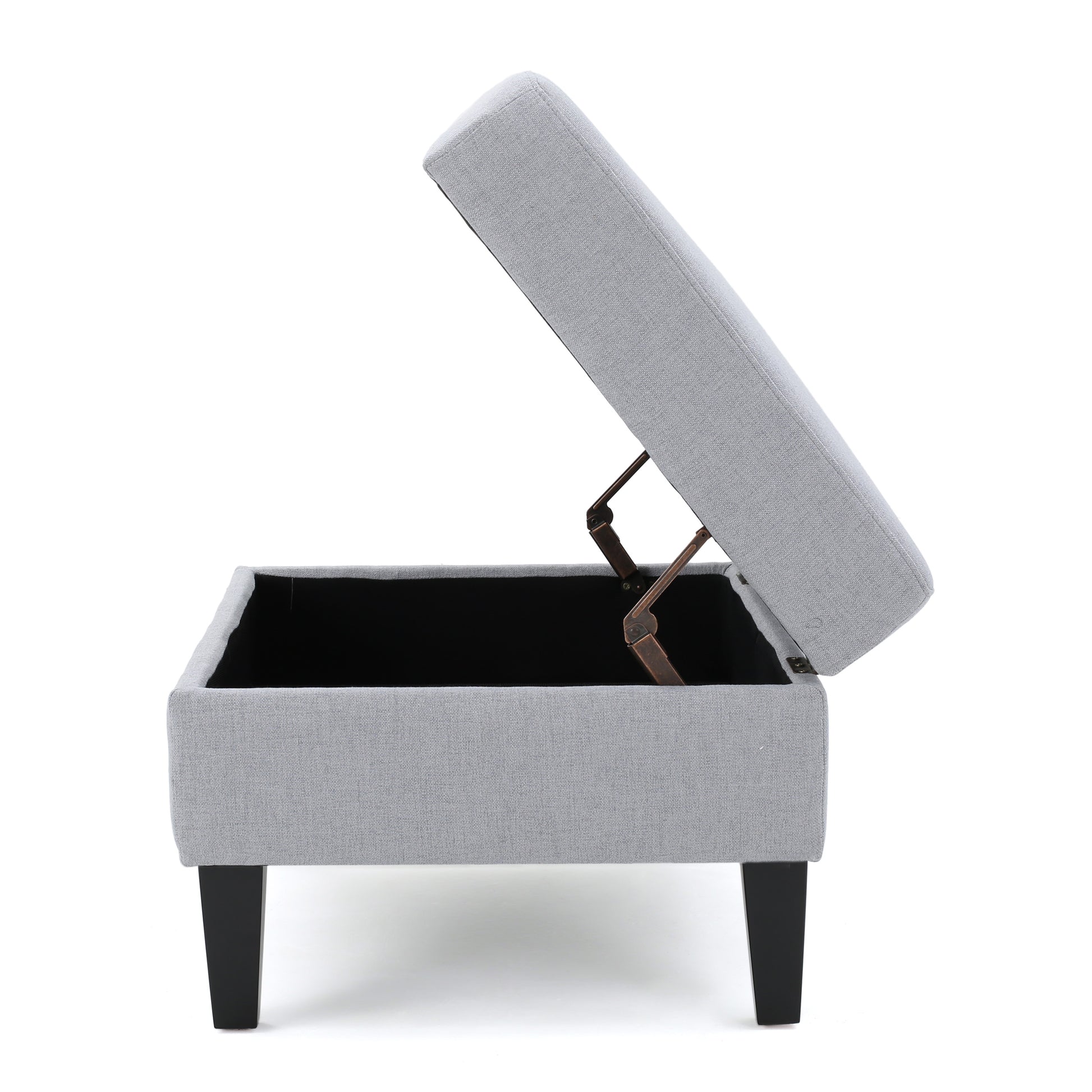 Gray fabric storage ottoman with lid open revealing interior