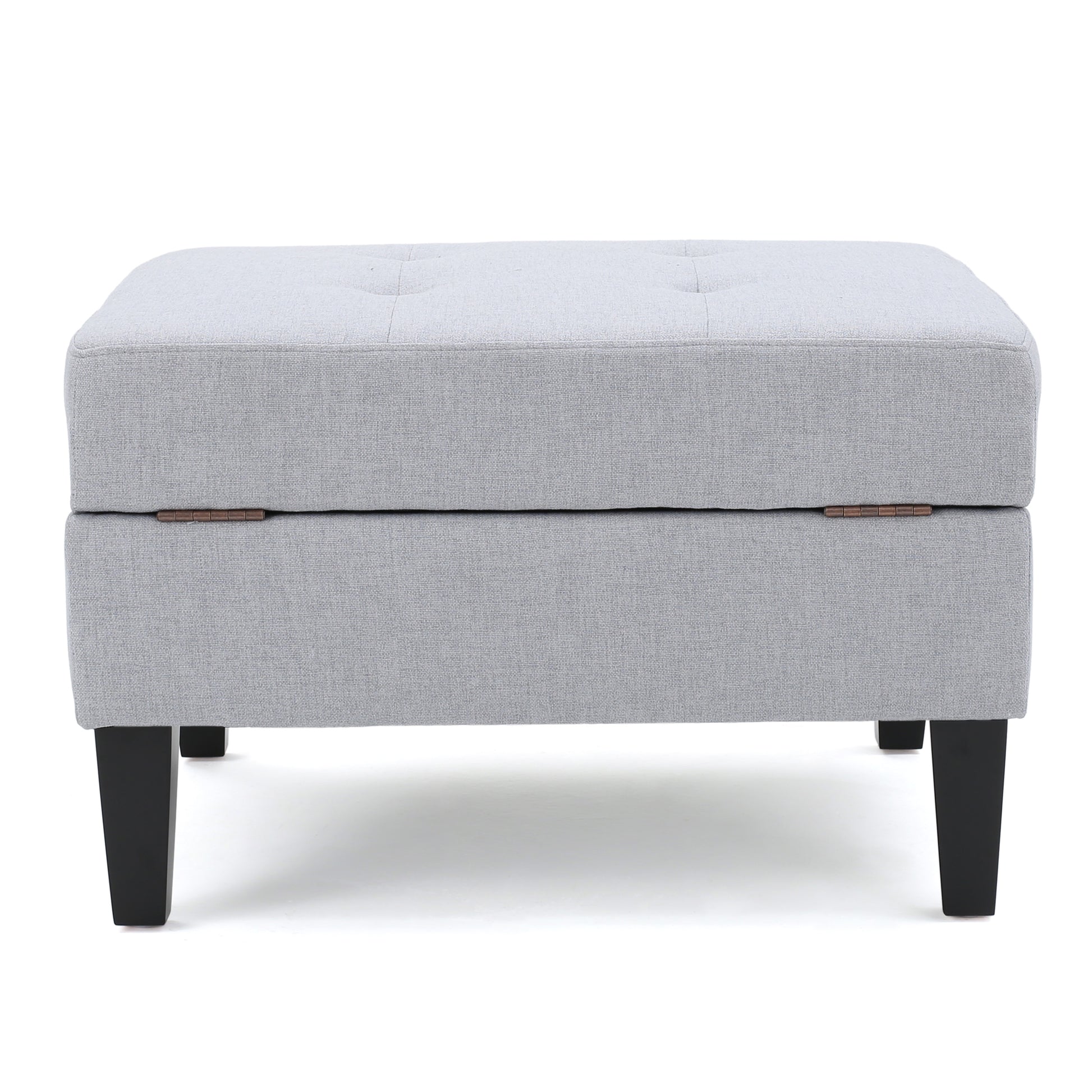 Tufted grey fabric storage ottoman with dark wooden legs