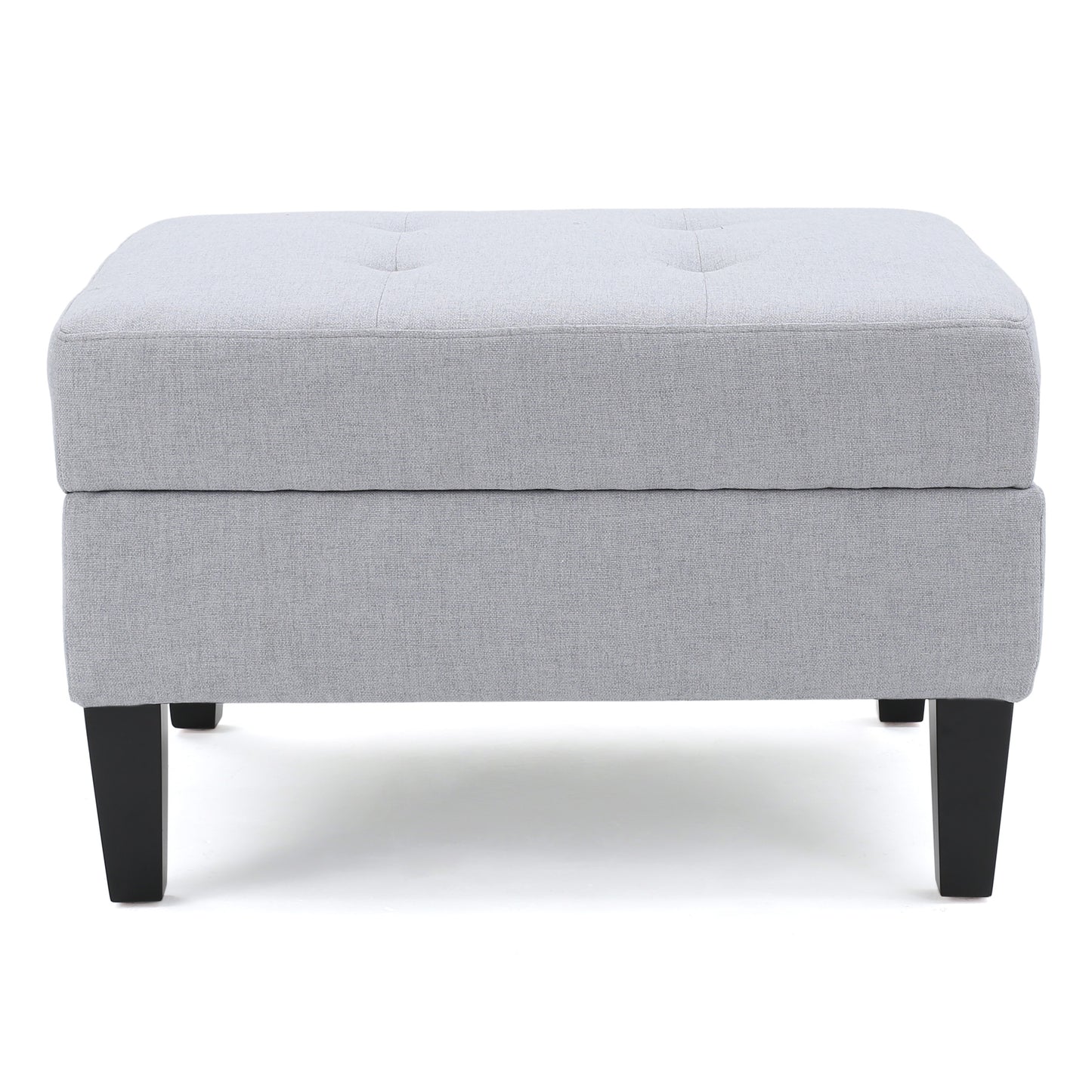 Light gray upholstered storage ottoman with tufted top and black tapered legs