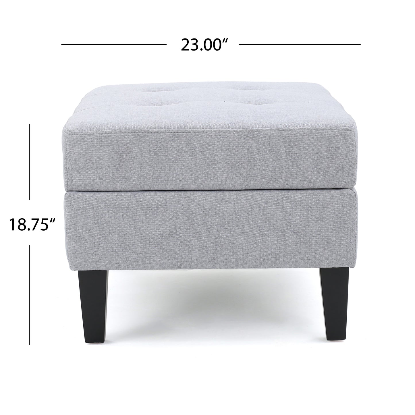 Tufted light gray fabric storage ottoman with tapered black legs