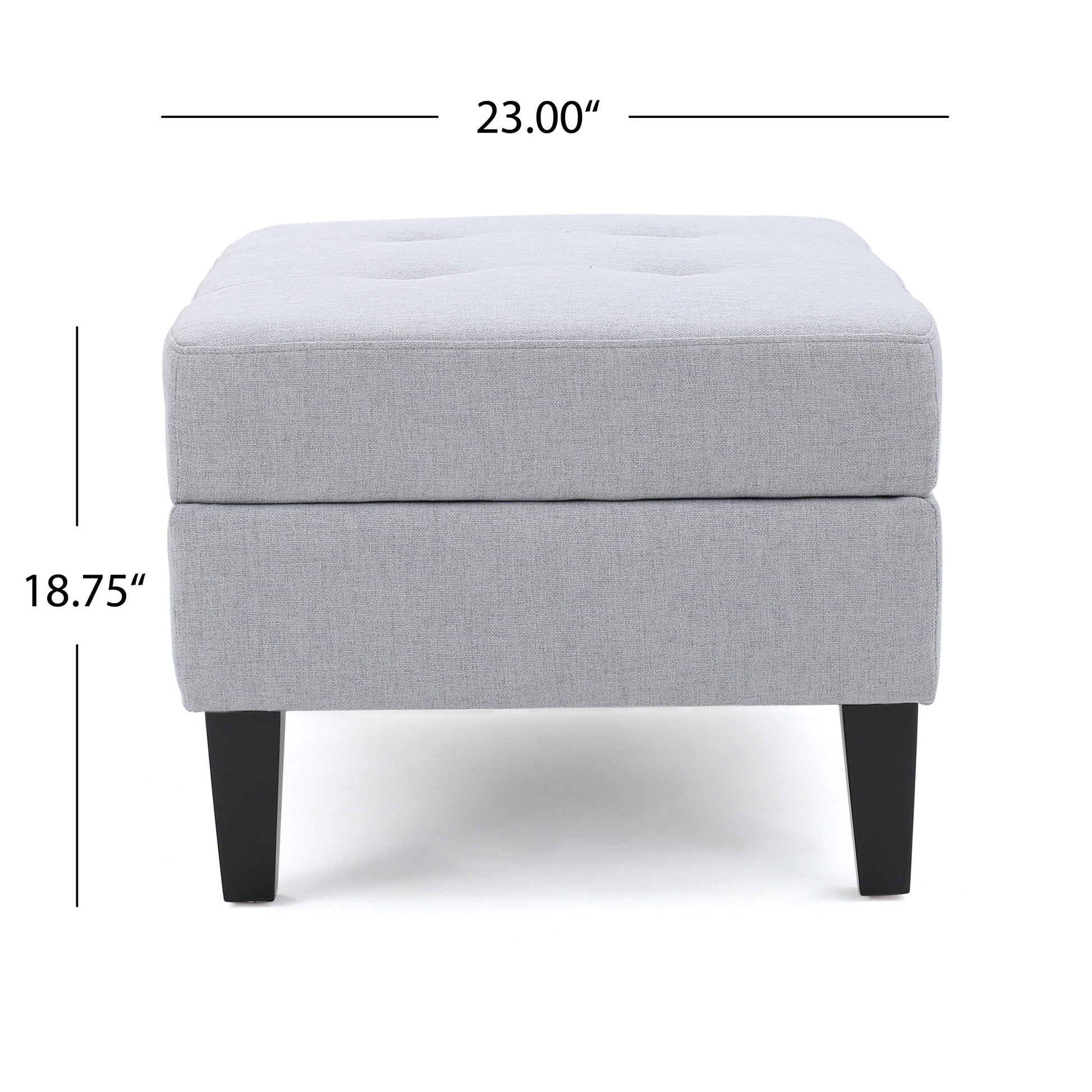 Tufted light gray fabric storage ottoman with tapered black legs