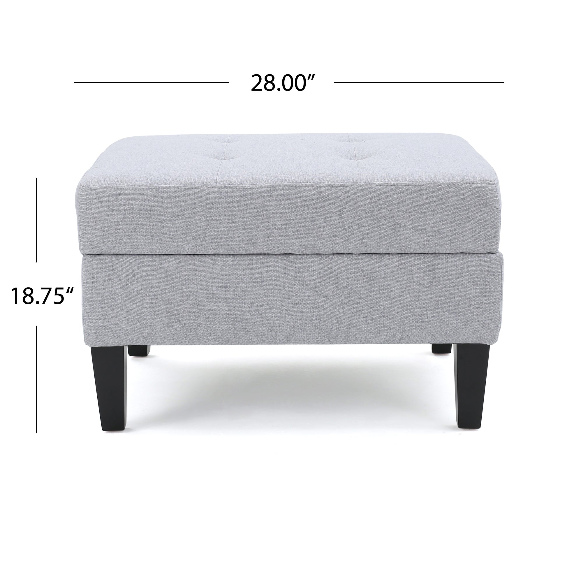Tufted light grey fabric storage ottoman with tapered black legs  W x  H