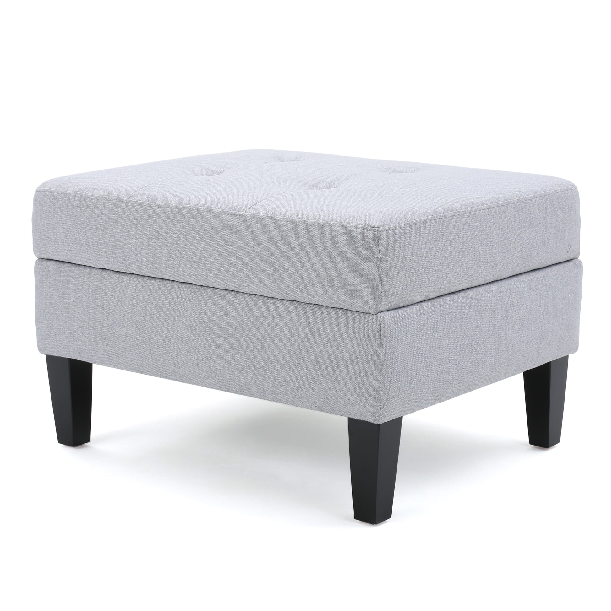 Tufted grey fabric ottoman with tapered black legs