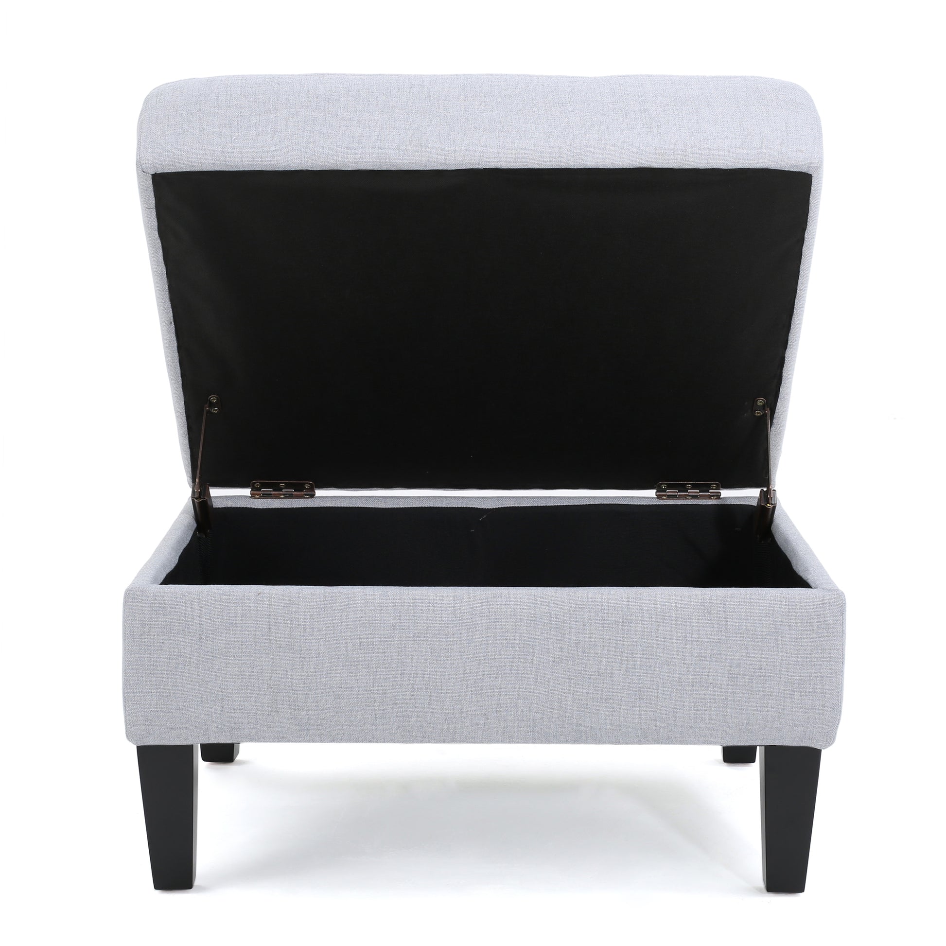 Light grey fabric storage ottoman with open lid and black interior