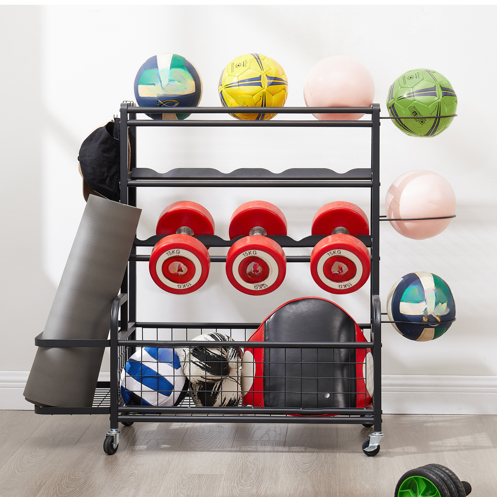 Black metal exercise equipment rack with assorted sports balls and weights