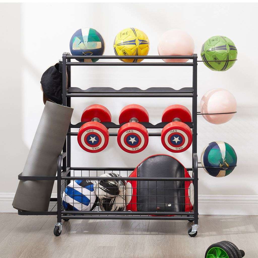 Black rolling sports equipment rack with various balls and dumbbells