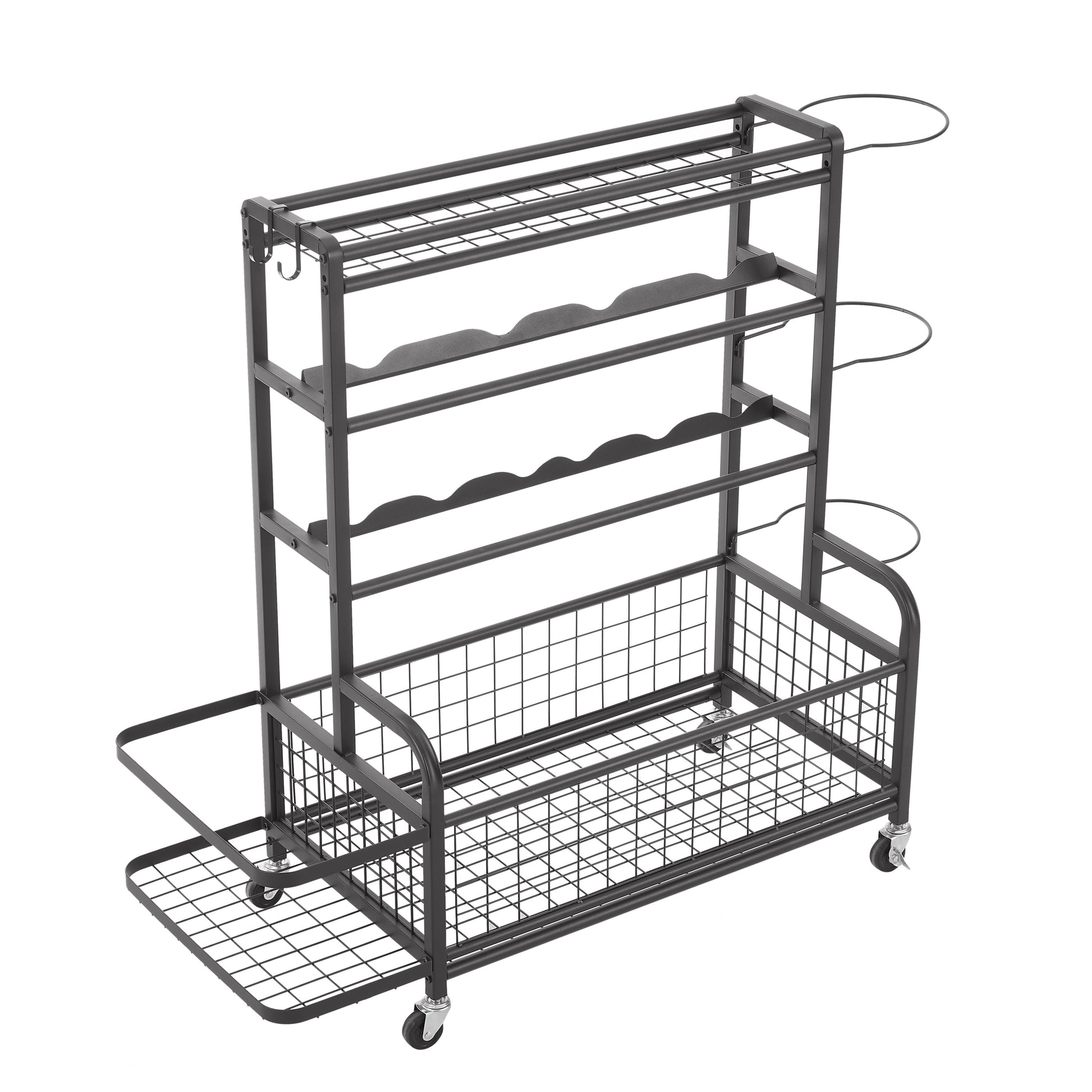 Black metal multitier storage cart with wheels and hanging hooks