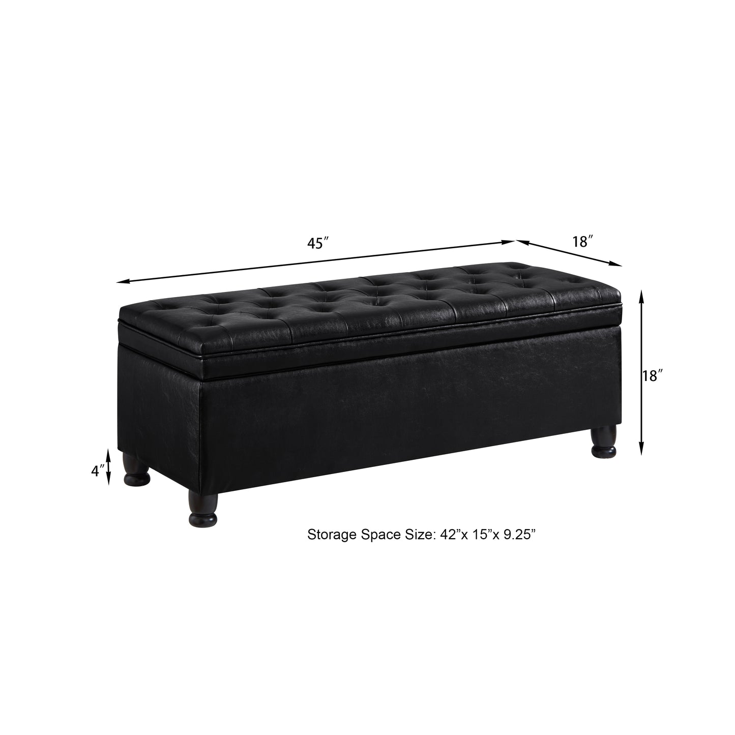 Black faux leather tufted storage ottoman with button detailing and wooden legs
