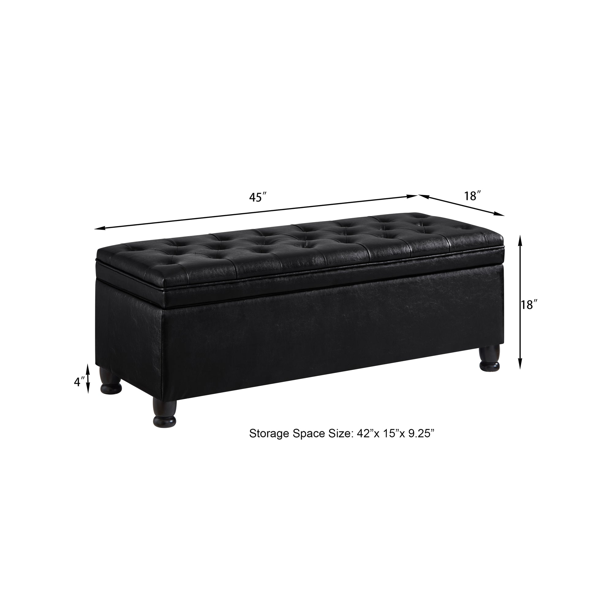 Black faux leather tufted storage ottoman with button detailing and wooden legs