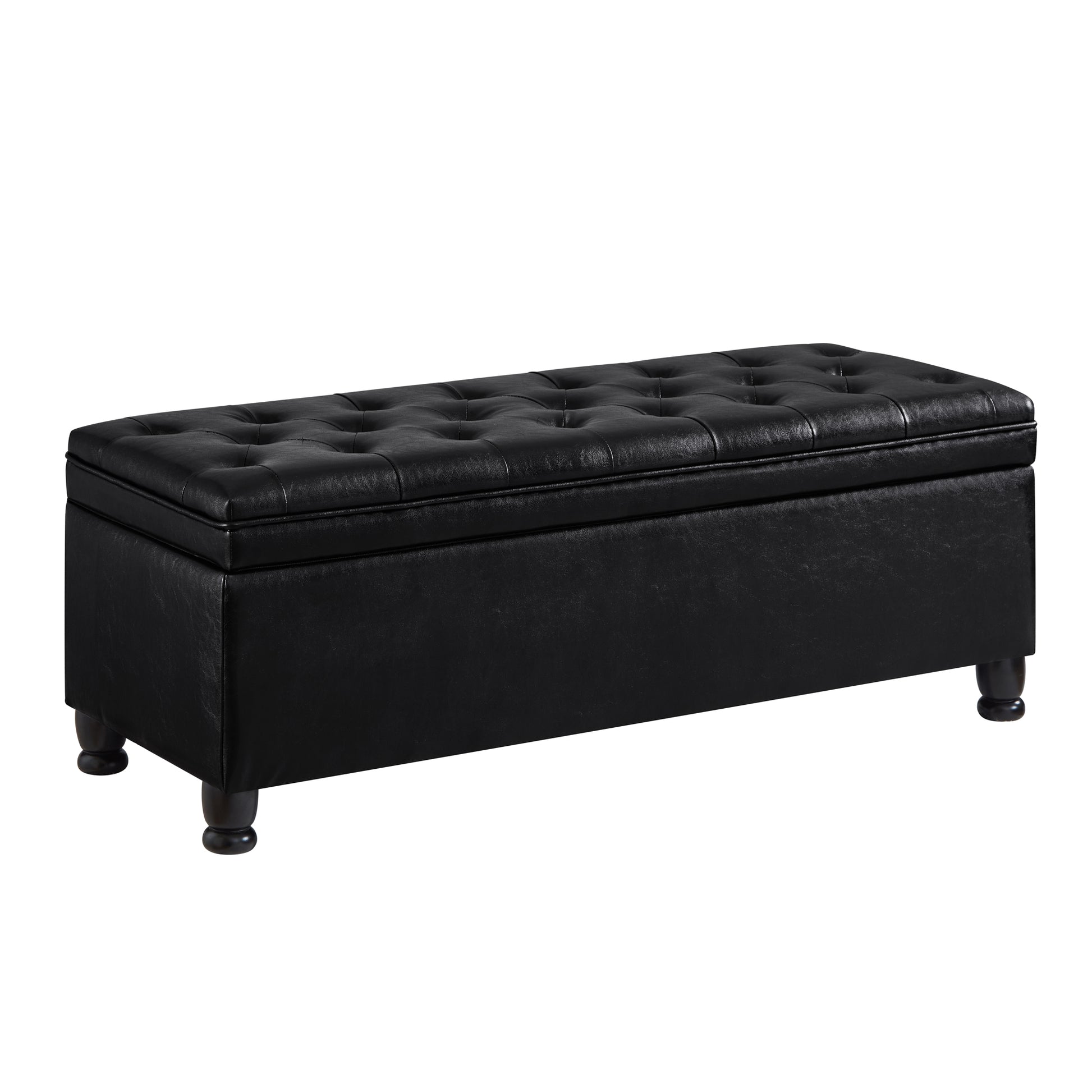 Black faux leather storage ottoman with tufted top and dark wood legs