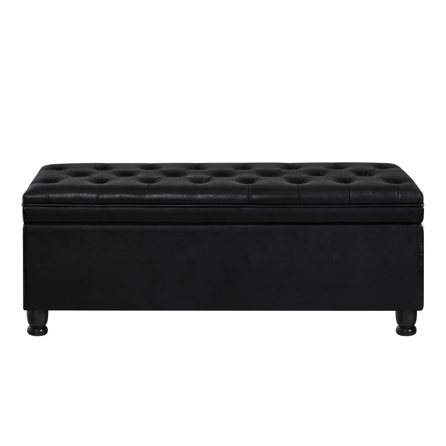 Black tufted faux leather storage ottoman with dark wood legs