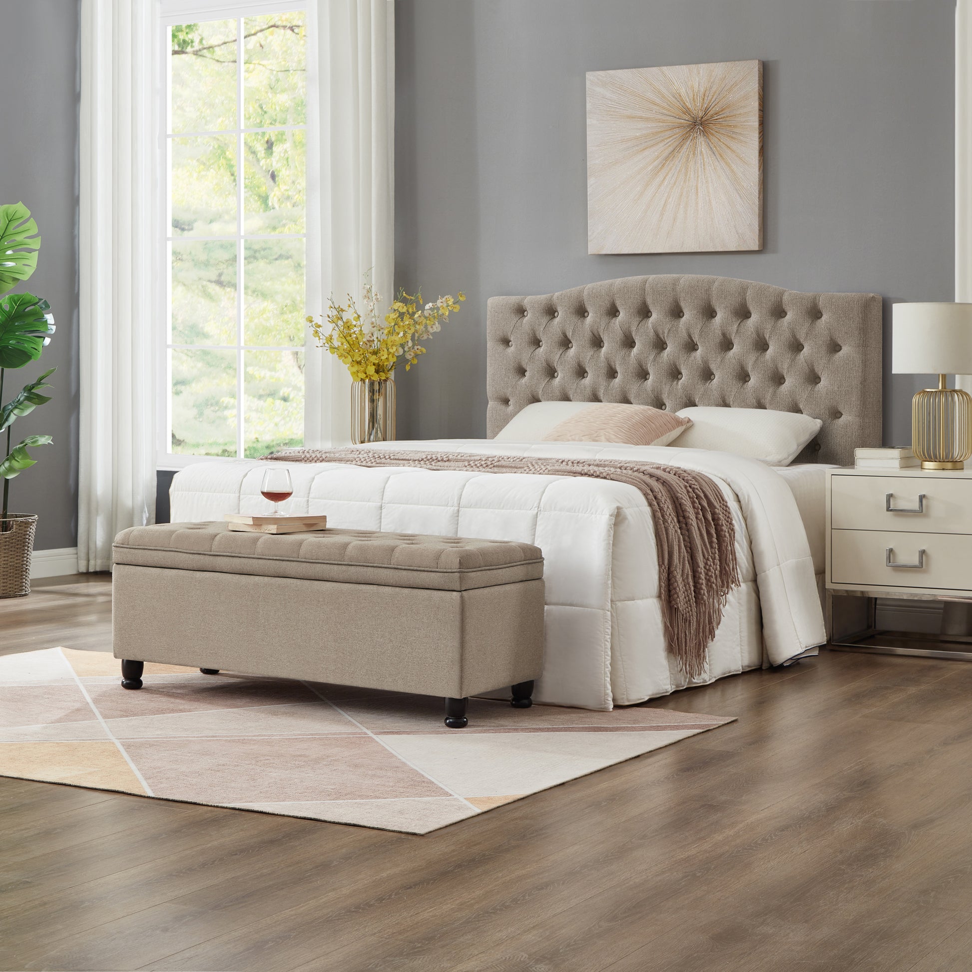 Tufted upholstered storage ottoman in beige linen