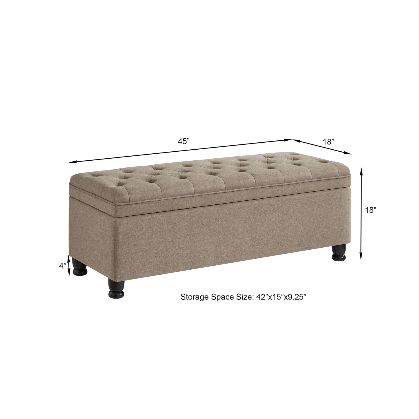 Tufted beige fabric storage ottoman with dark wood legs and detailed dimensions for size and storage space