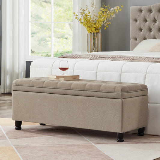 Beige tufted storage ottoman bench with dark wood legs