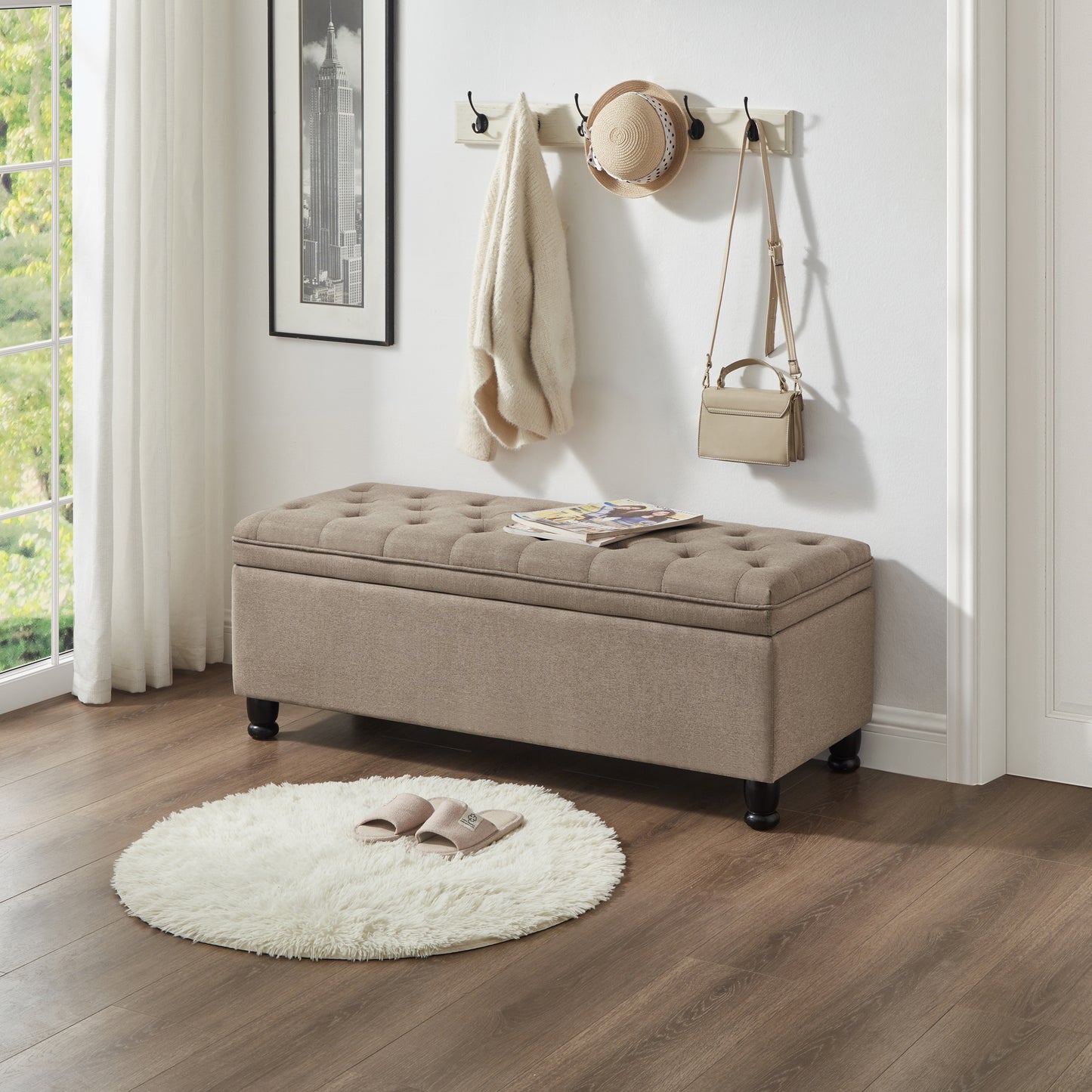 Tufted storage bench with button detailing in taupe fabric
