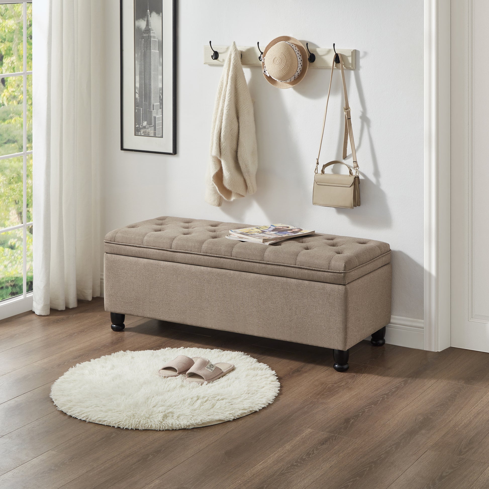 Tufted storage bench with button detailing in taupe fabric