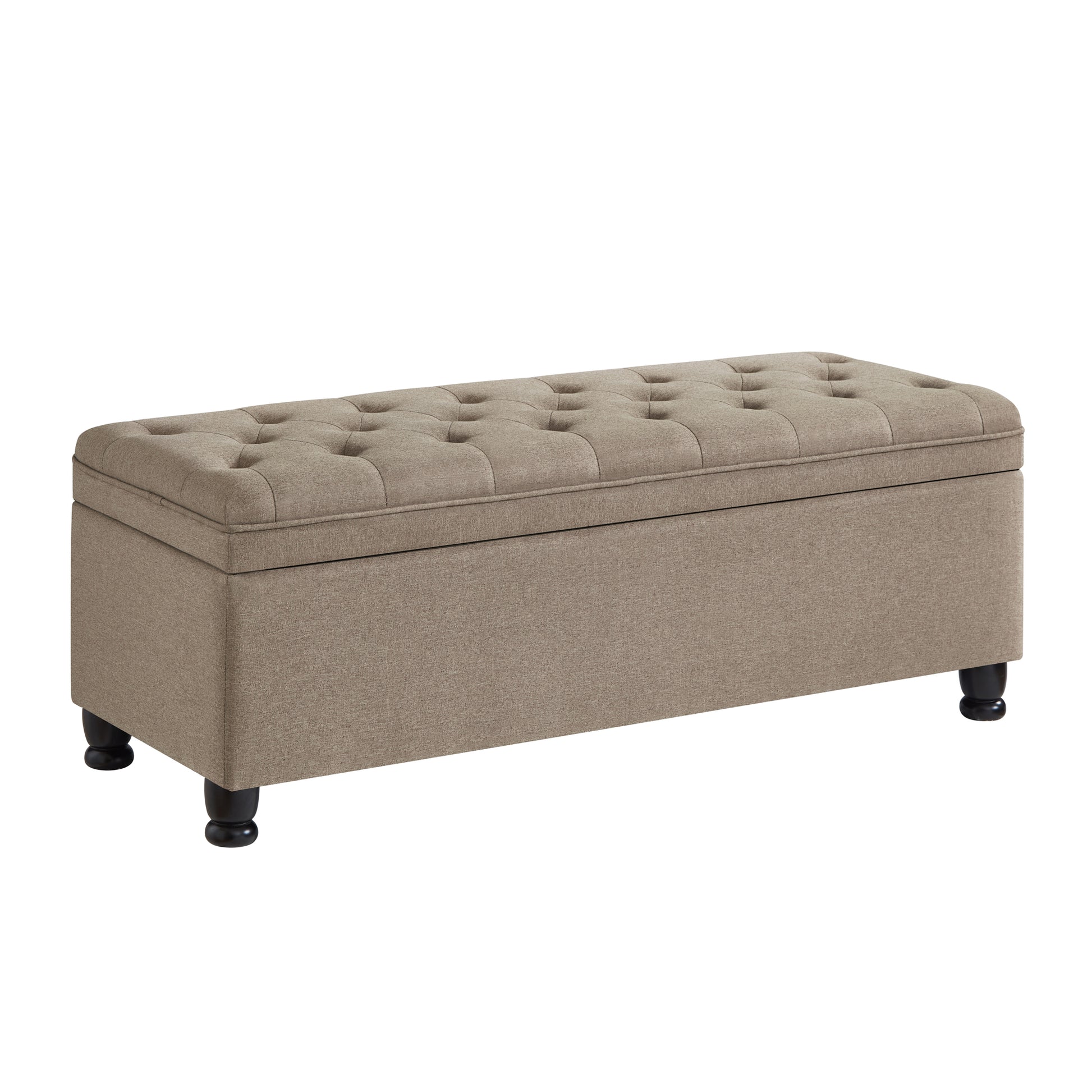 Tufted linen storage ottoman bench in taupe with dark wooden legs