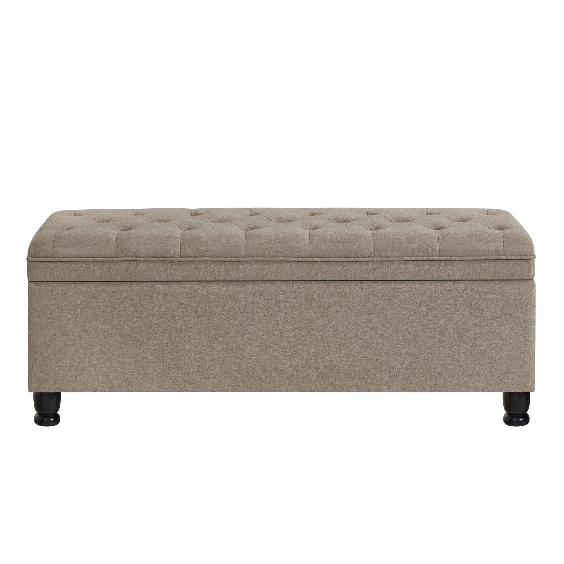 Tufted beige storage ottoman with dark wooden legs and linen fabric