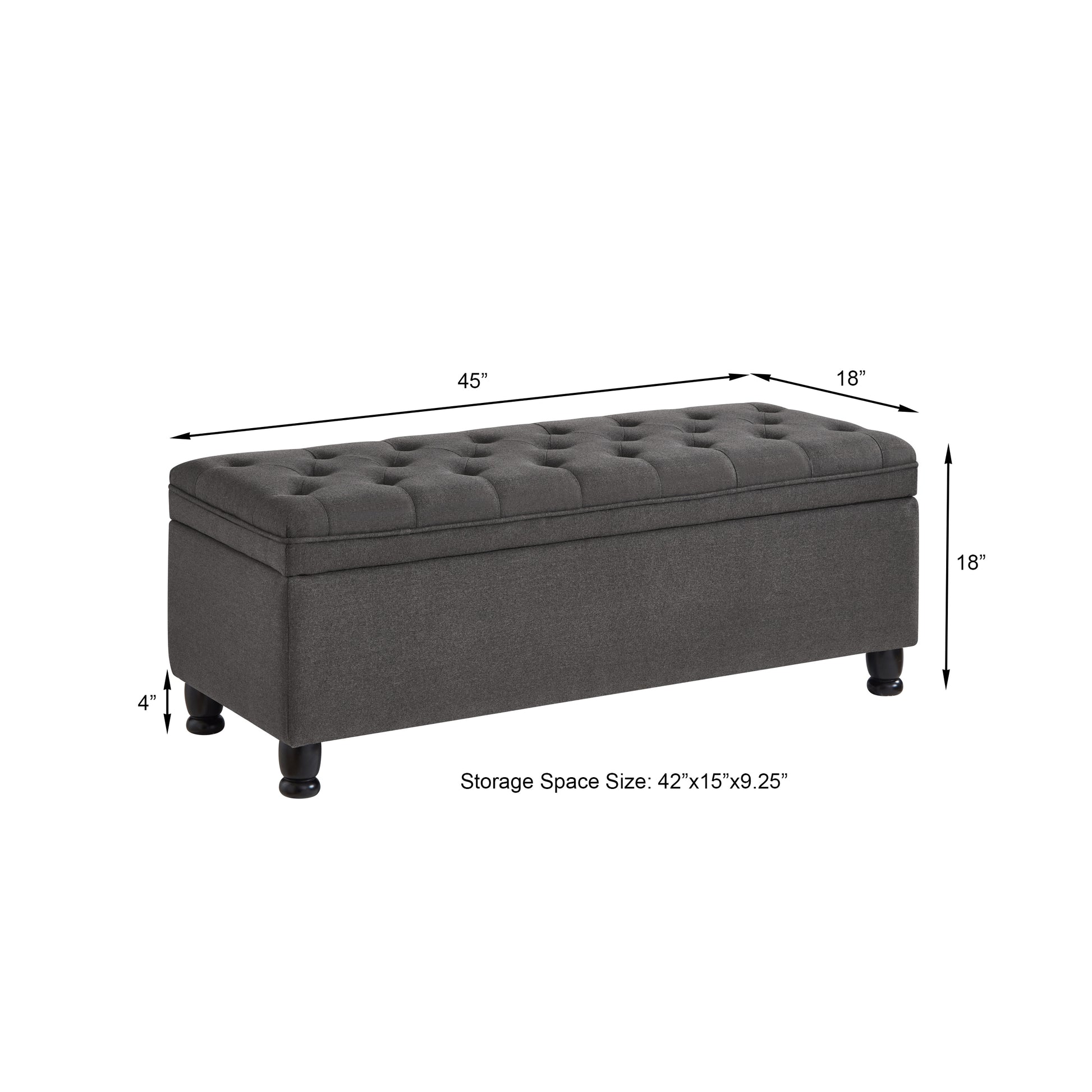 Dark grey tufted storage ottoman bench with wooden legs  long