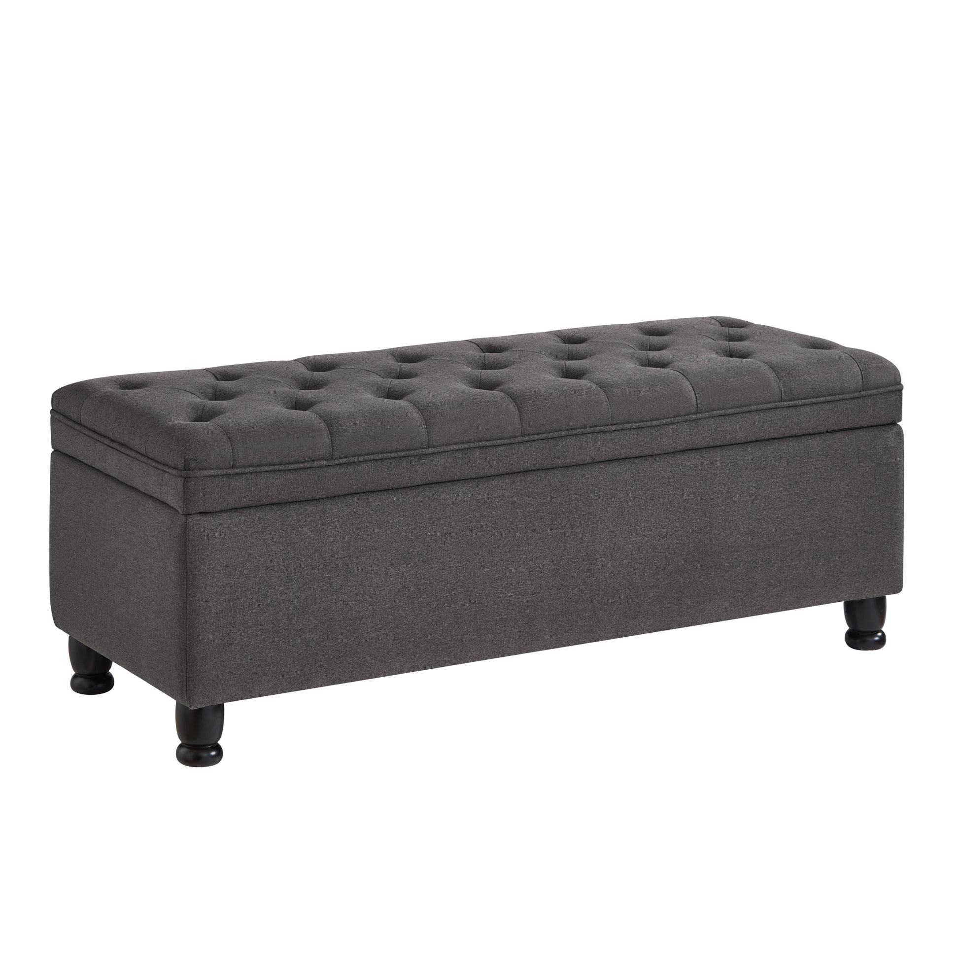 Dark grey tufted storage ottoman with dark wooden legs