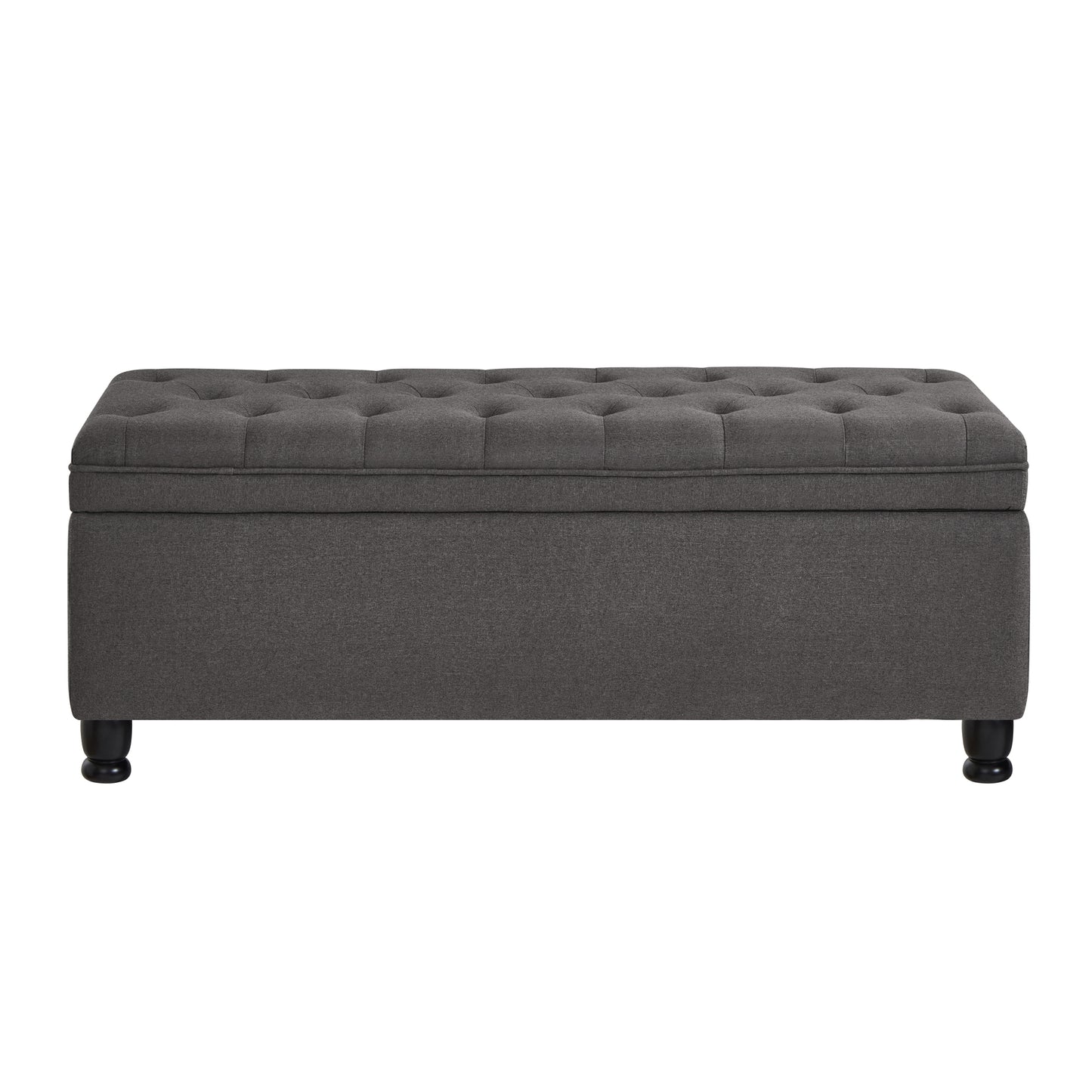 Dark grey fabric storage ottoman with tufted lid and dark wooden legs