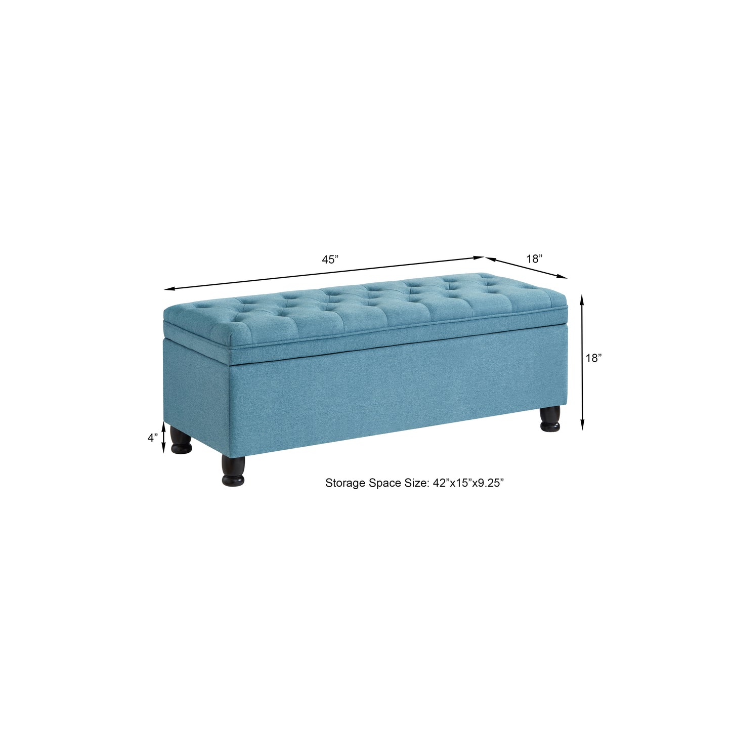 tufted blue storage bench with wooden legs
