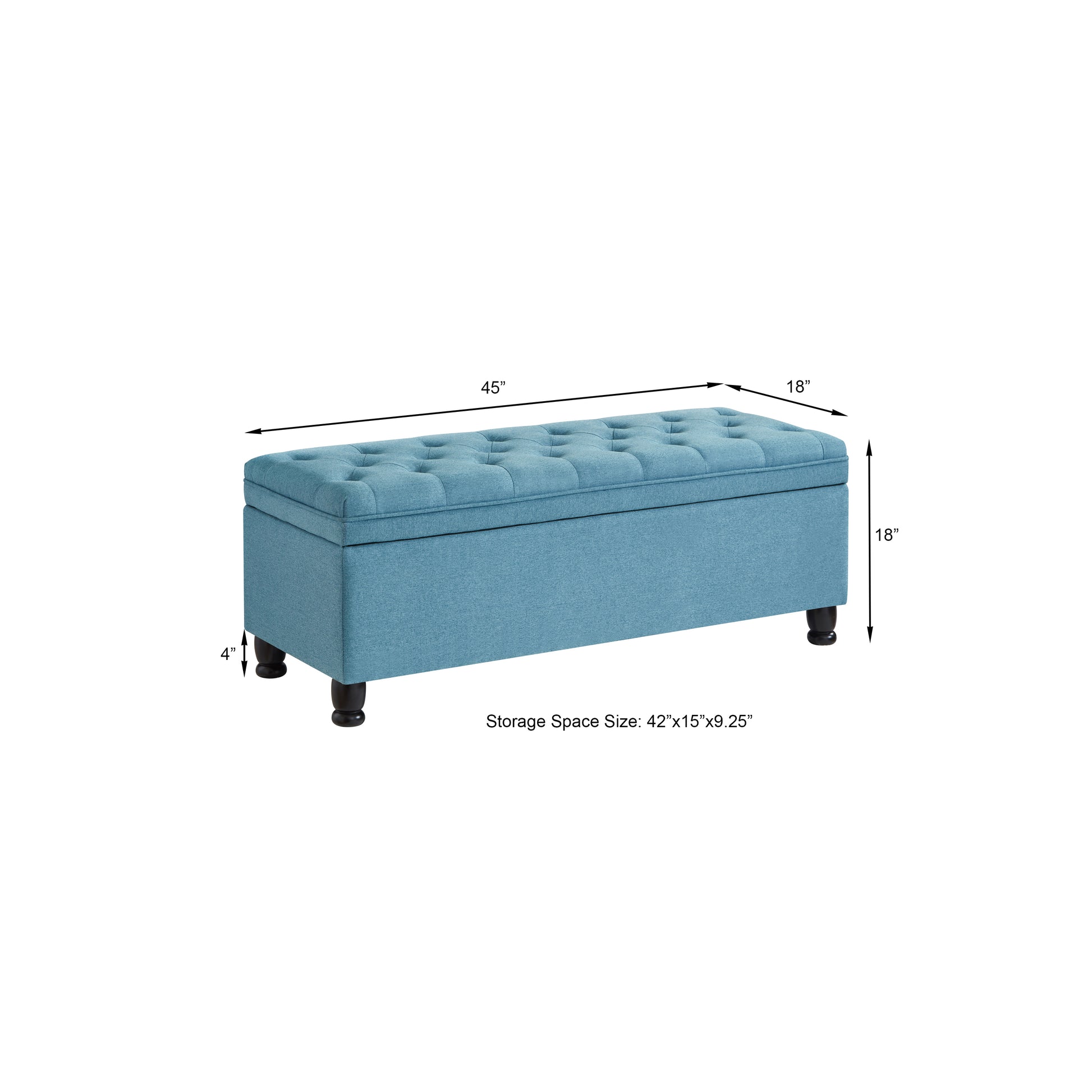 tufted blue storage bench with wooden legs