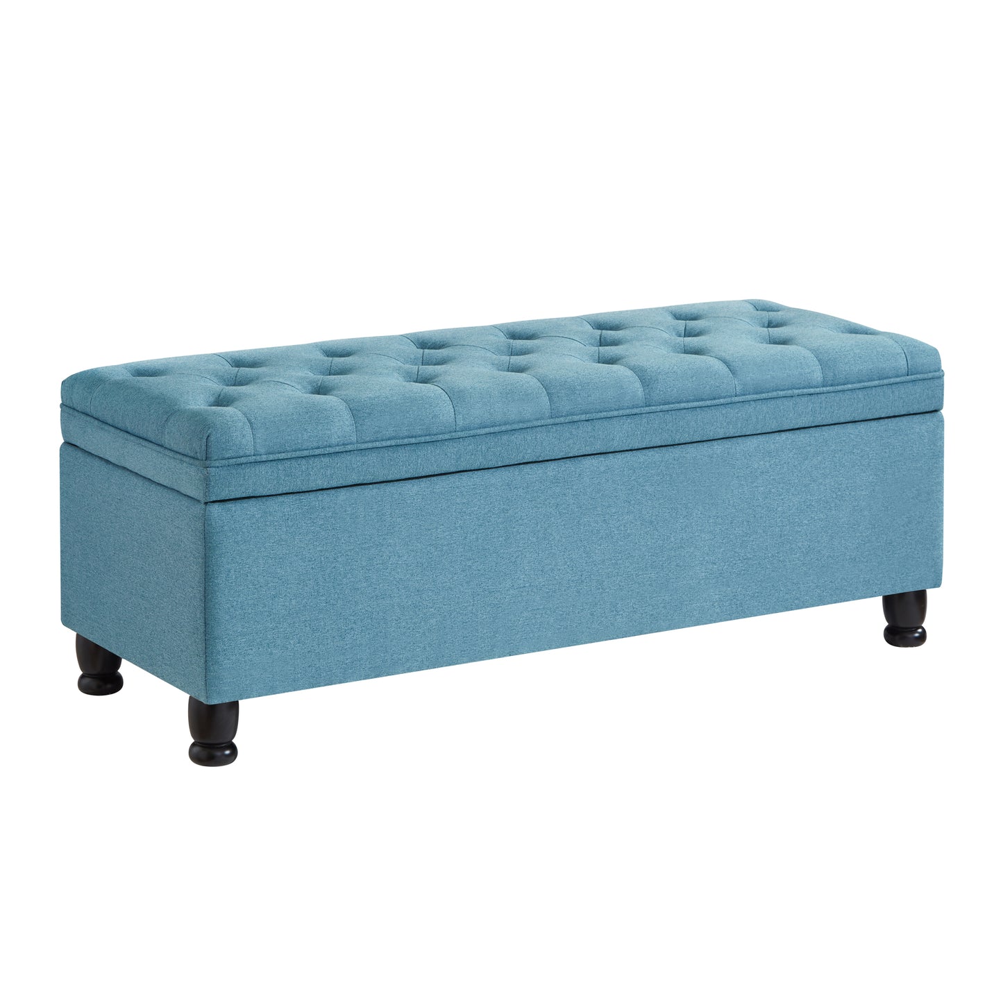 Tufted blue fabric storage bench with dark wood legs