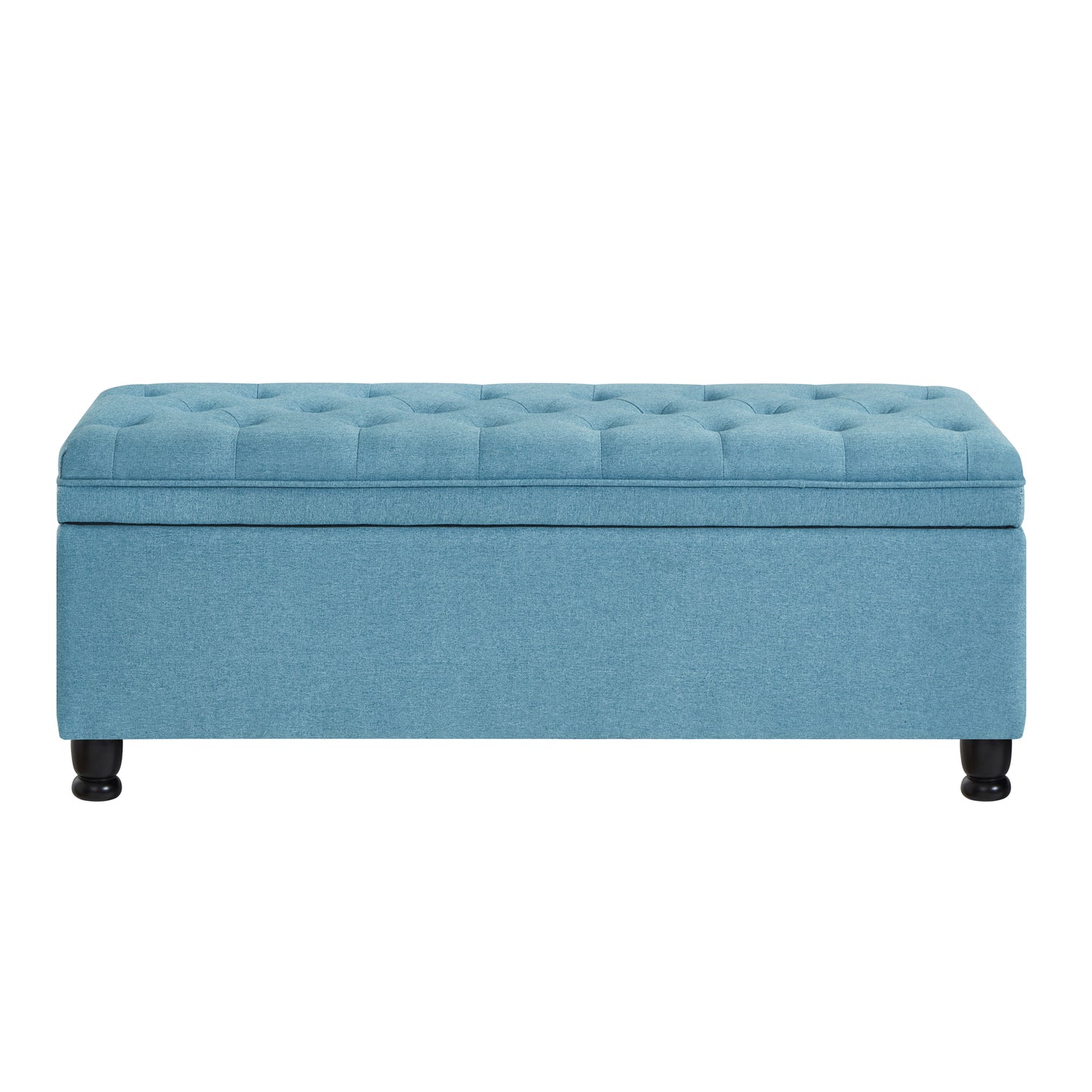 Tufted top blue fabric storage ottoman with black wooden legs perfect for entryways