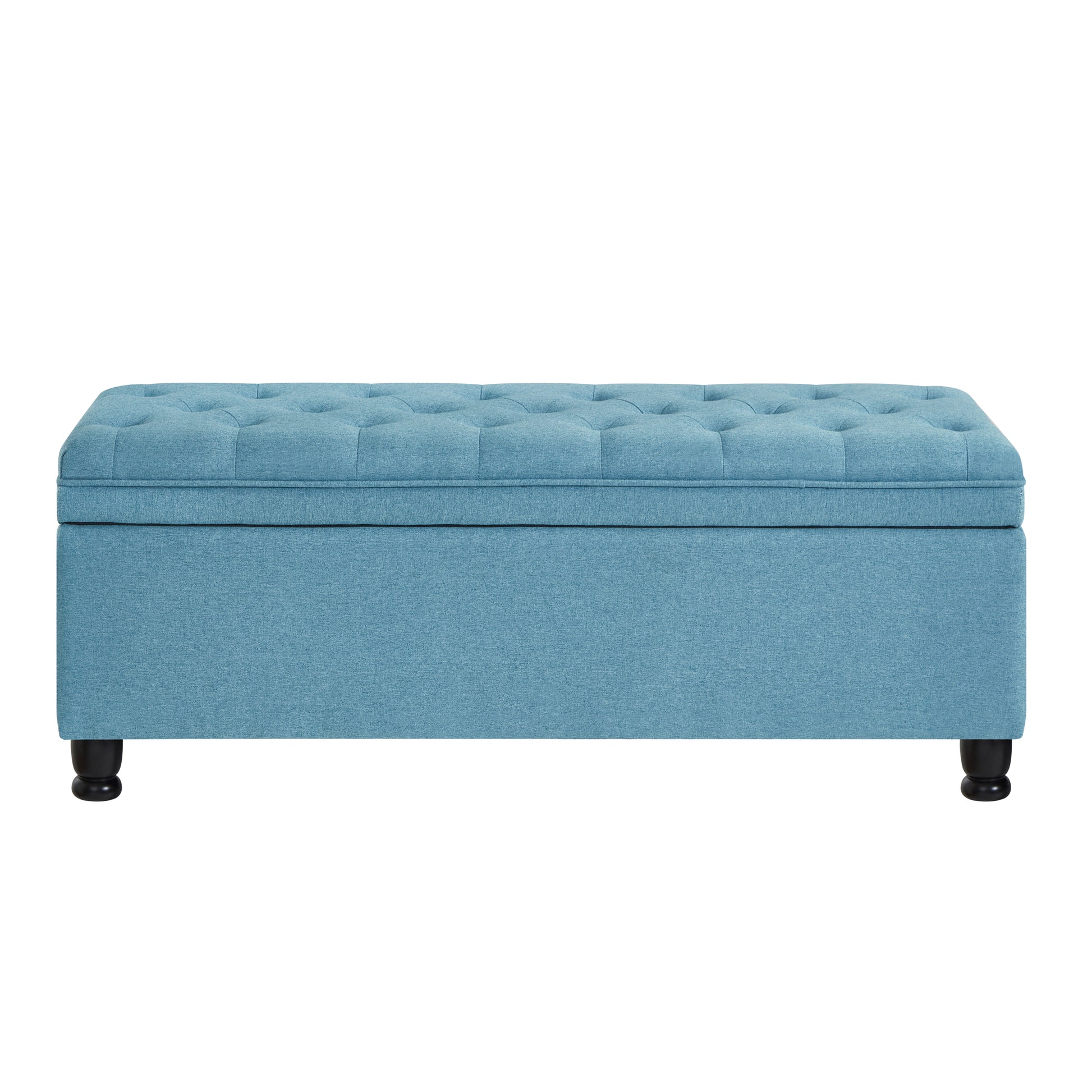 Tufted top blue fabric storage ottoman with black wooden legs perfect for entryways