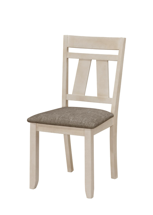 Light beige wooden dining chair with grey upholstered seat and geometric backrest