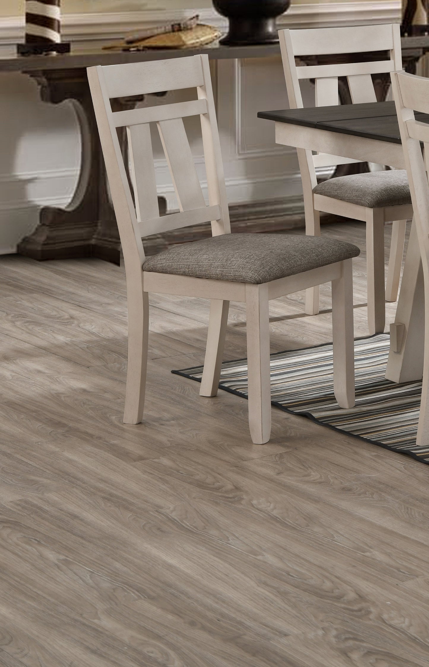 Rustic white wood dining chair with grey upholstered seat